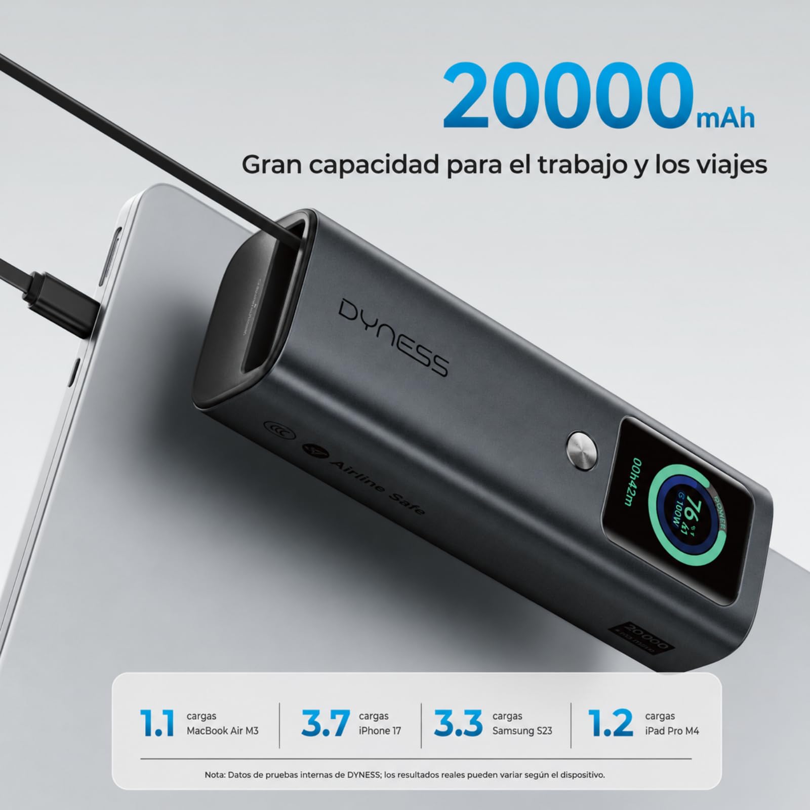 Dyness Powerbank 20000mAh 165W, Power Bank mit PD3.1 Schnellladung, TFT-Farbbildschirm, Einziehbares USB-C Kabel Aluminium Kühlung, Kleinststrom für BluetoothGeräte