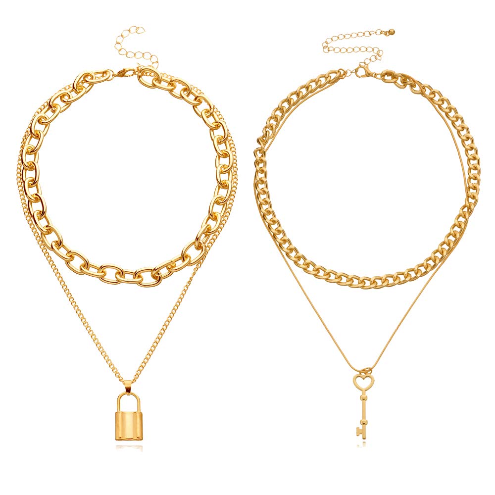 N-ALock Key Statment Pendant Layered Necklace Set Chunky Chain Love Heart Padlock Women Egirl Punk Choker Jewelry Set