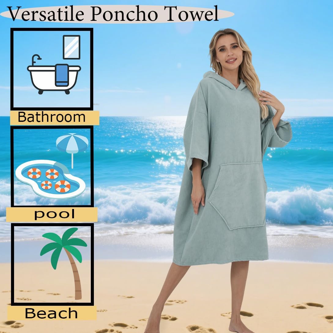 Surf Poncho Hooded Beach Towel, Quick Dry Terry Cloth, Extra Large Changing Robe with Pockets for Adults, Unisex Grass Tail Green Cover-Up for Swim, Bath, Beach, Gift for Swimmer Lovers