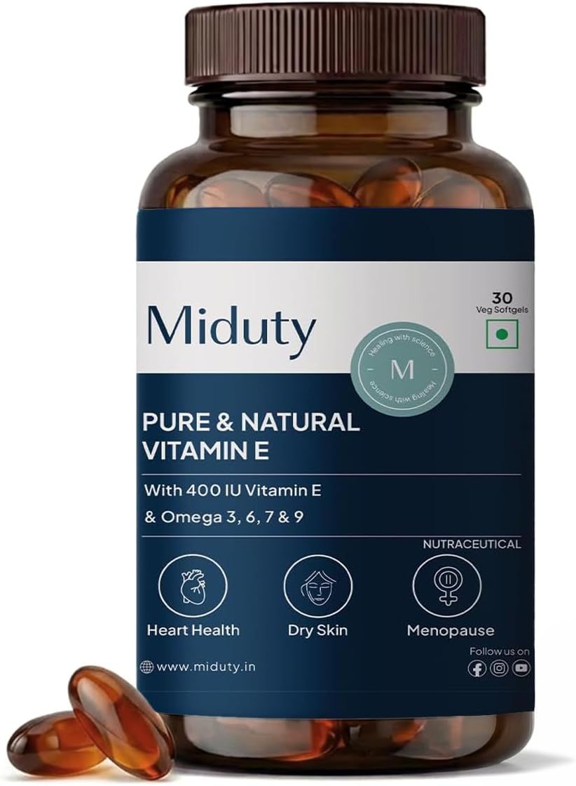 Miduty Vitamin E with Sea Buckthorn Berry Oil | D-Alpha Tocopherol from Natural Sunflower Oil | Omega 3, 6, 7 & 9 | Antioxidant Support for Skin & Heart Health | 30 Veg Softgels