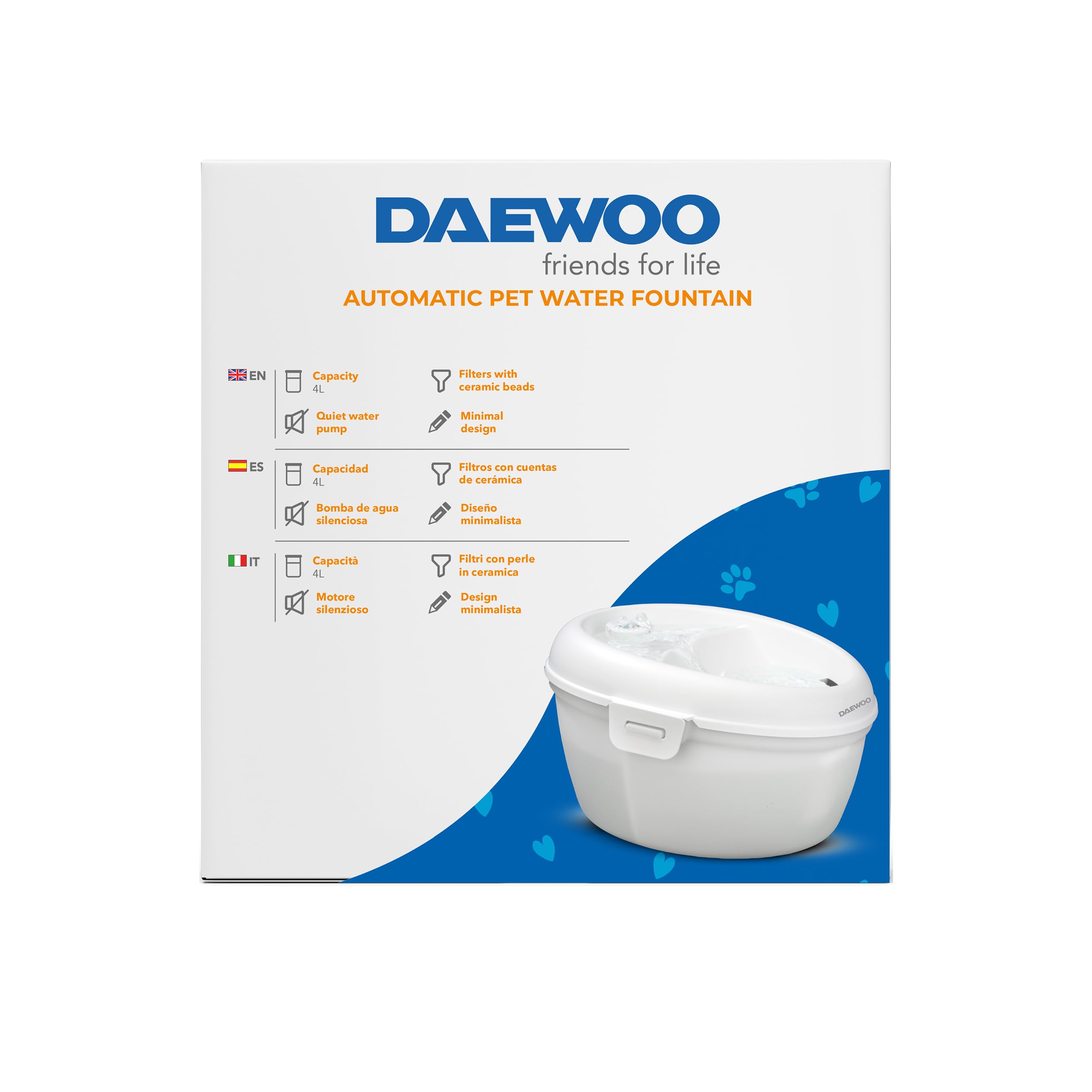 Daewoo - Fontanella per Gatti, Capacità 4L, Filtrazione a Carboni Attivi per Acqua Pulita, Design Rialzato, Alimentazione tramite Cavo USB, Lavabile in Lavastoviglie, Cani e Gatti Accessori
