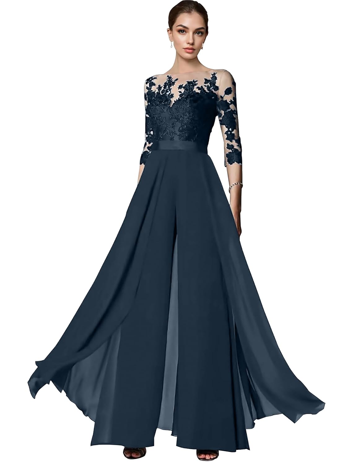 Mother of The Bride Pant Suit for Women Lace Formal Jumpsuits Set Wedding Guest Attire with 3 4