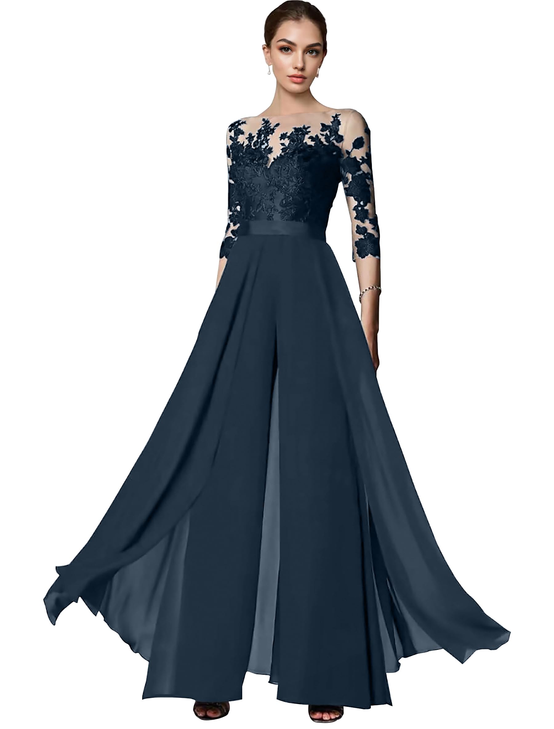 Mother of The Bride Pant Suit for Women Lace Formal Jumpsuits Set Wedding Guest Attire with 3 4