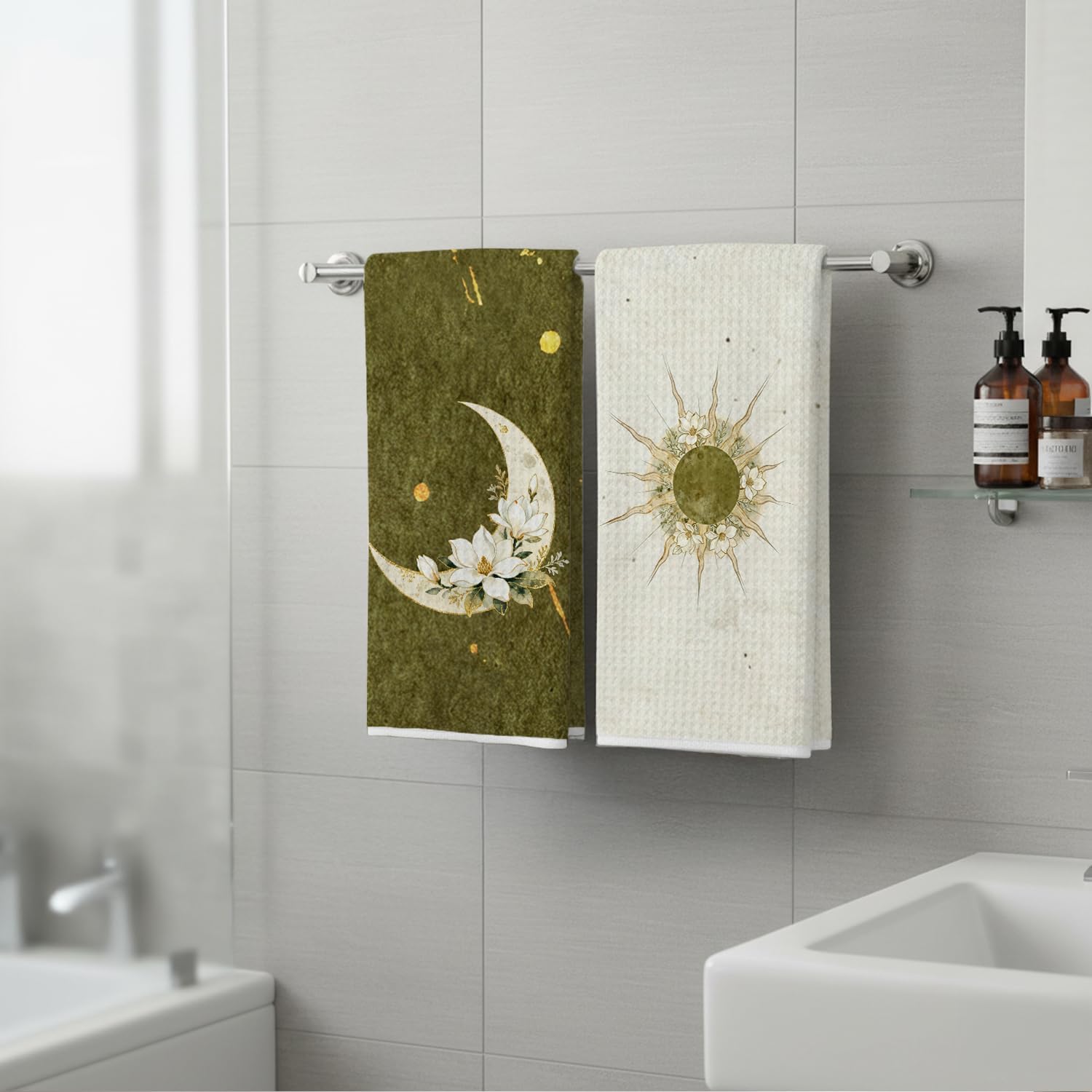Boho Sun and Moon Kitchen Towels, Vintage Olive Green Dish Tea Towels, Mystical Celestial Boho Flower Decorative Hand Towels for Kitchen Bathroom, 16x24 Inch Set of 2 - Image 5