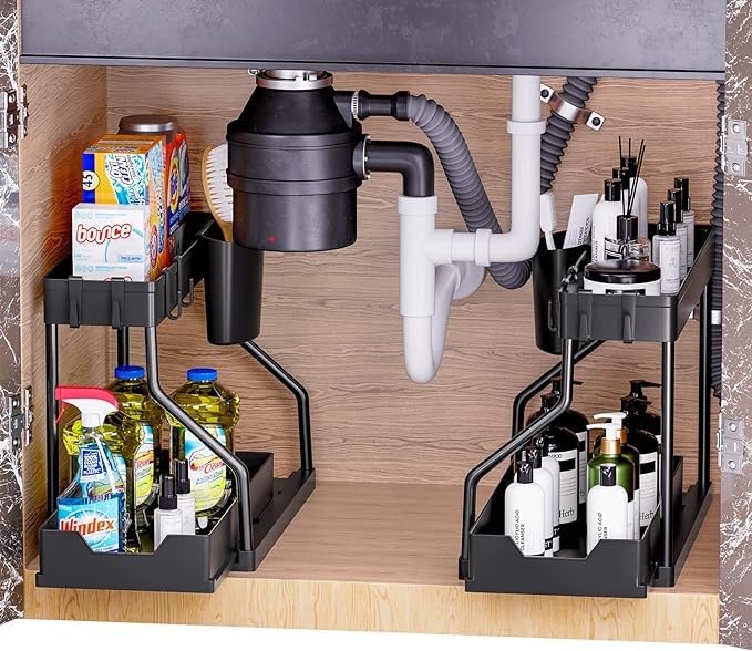 Sponsored Ad – GGEROU 2 PCS Under Sink Organizer Rack,2 Tier Under Sliding Cabinet Basket Organizer Drawer with Hooks,Bathroom Standing Rack, Multi-purpose Storage Shelf for Bathroom Kitchen Desktop (R shape)