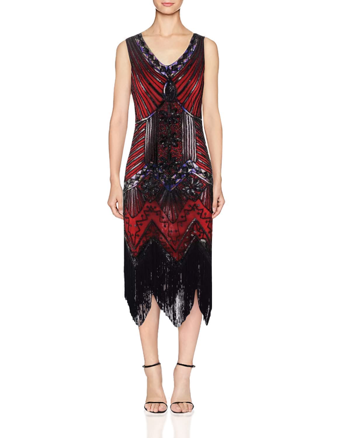Odizli Women Vintage 1920s Flapper Fancy Dress Sleeveless V Neck Art Deco Inspired Sequin Fringe Beaded Cocktail Party Evening Prom Gown