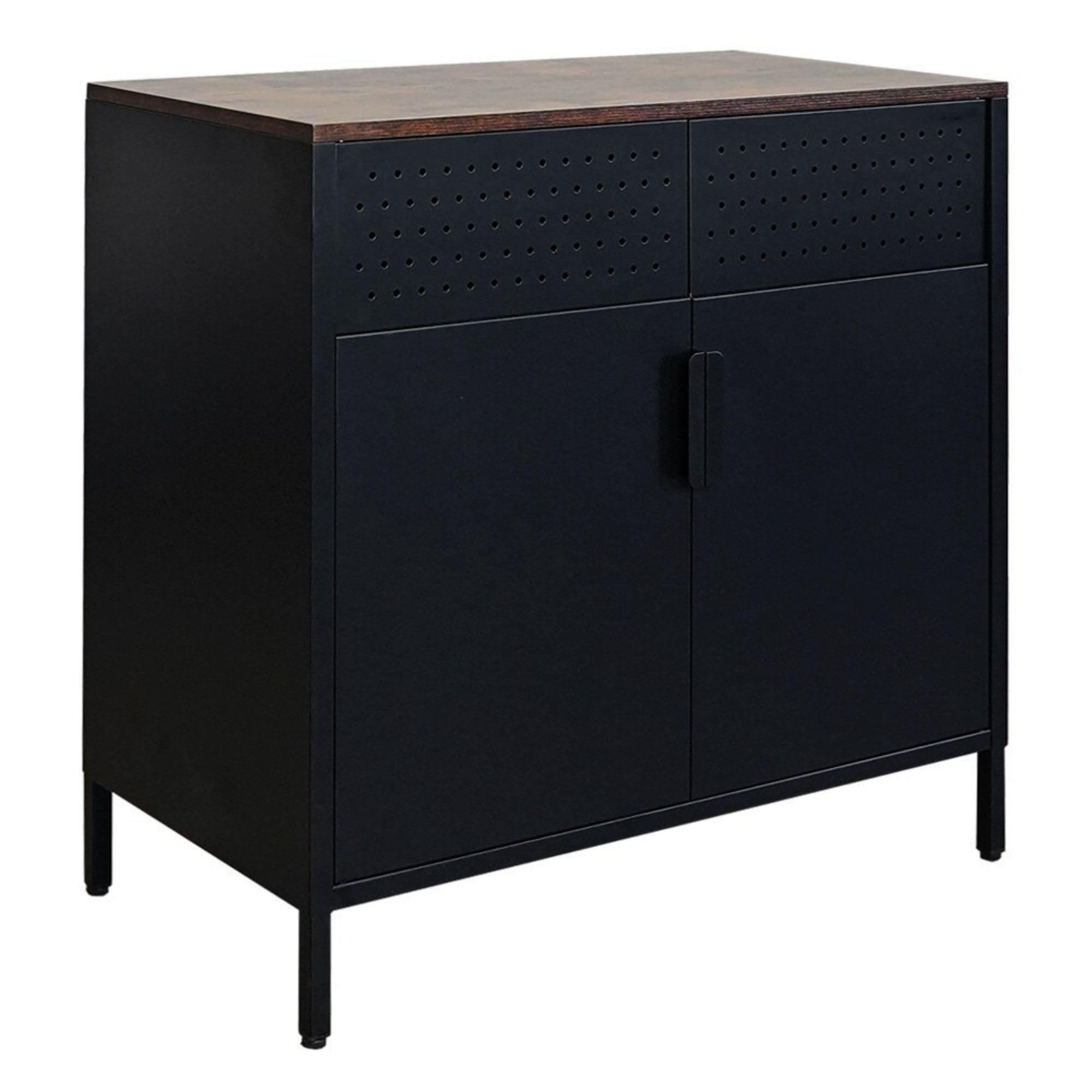 PROREGAL Aktenschrank Lion Metall mit Beinen Metallschrank Doppeltür mit Magnetverschluss 76x80x40cm Kommode 2 verstellbare Einlegeböden Stahl Vintagebraun/Schwarz Aufbewahrungsschrank Büroschrank