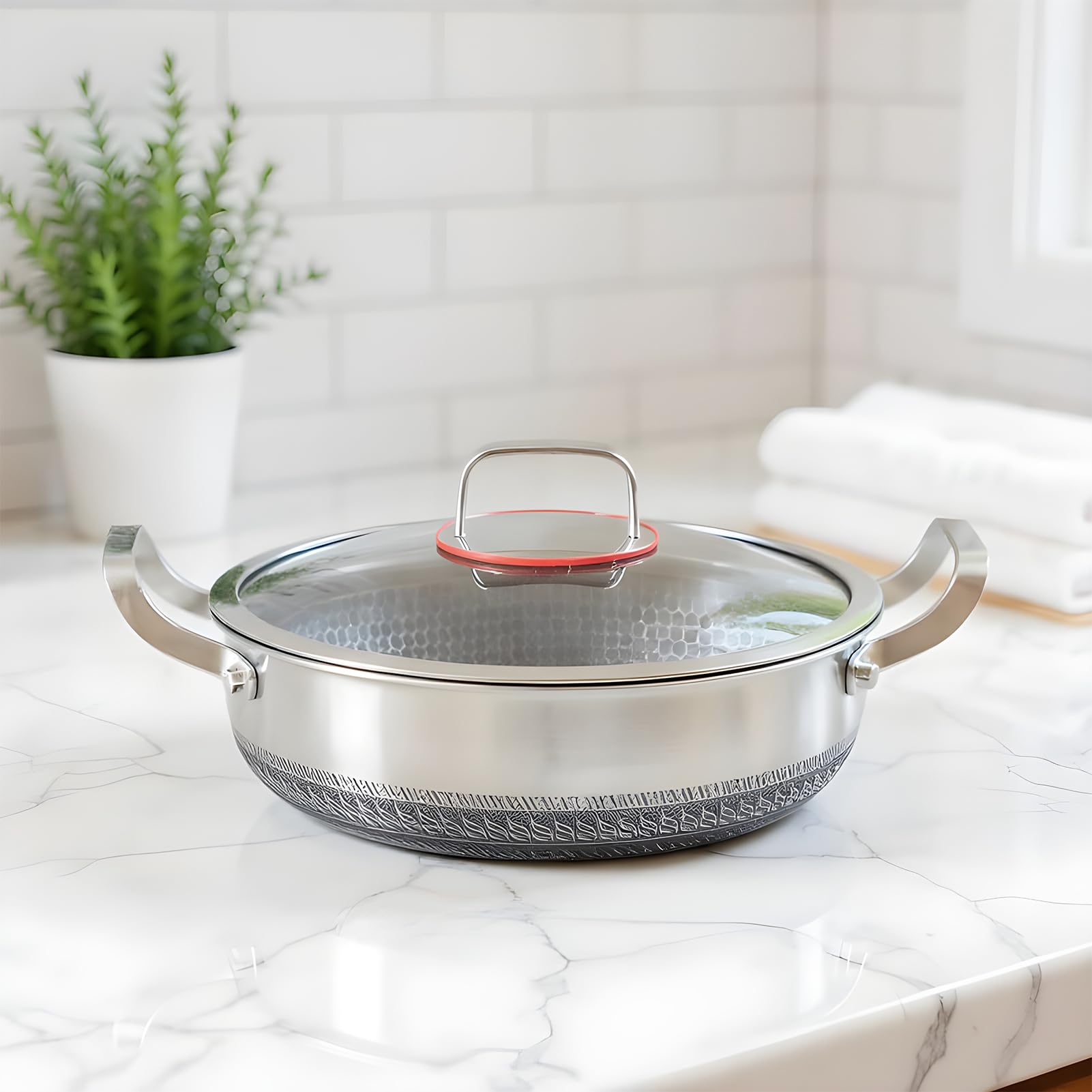 Sauteuse | Ustensiles de cuisine antiadhésifs à double poignée en acier inoxydable avec couvercle, grande poêle de cuisson | pour la maison, le restaurant, le camping, la cuisson au four, les omelette