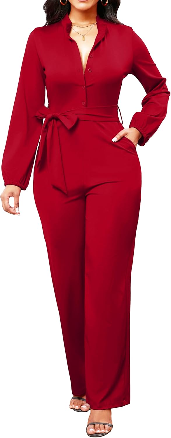 SxClub Jumpsuits for Women Formal Sexy Elegant Long Straight Pants Busineess Party Jumpsuit with Belt Pockets - Image 6