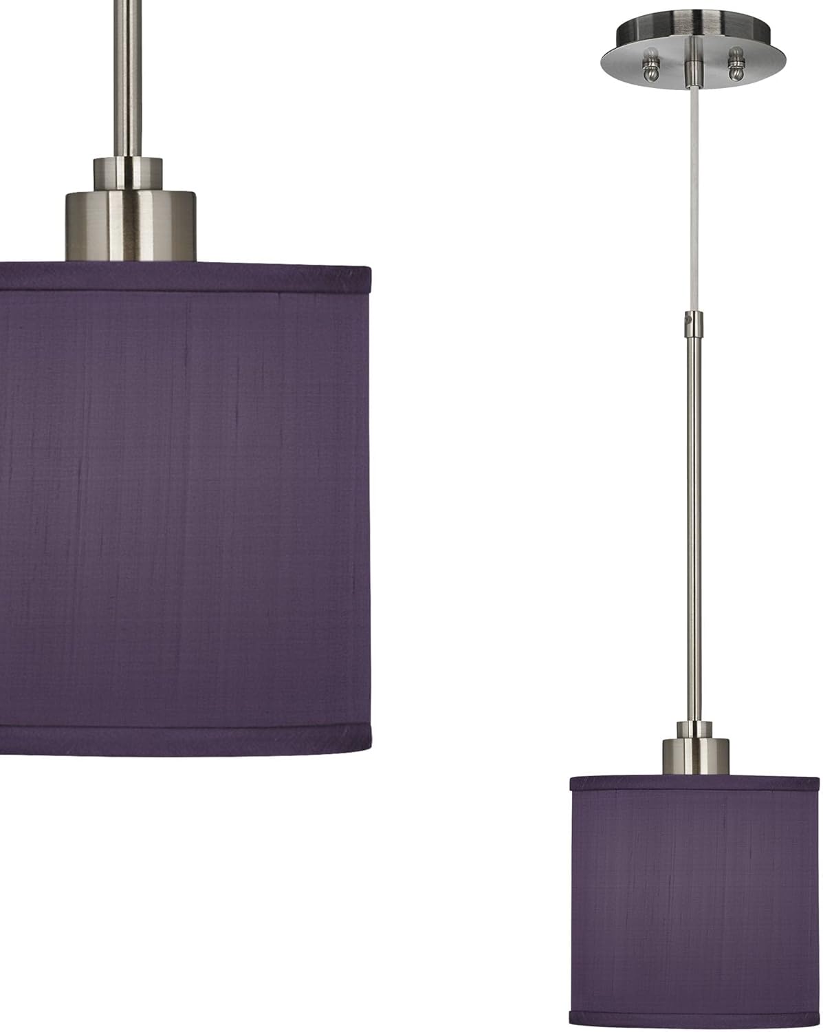 Possini Euro Design Brushed Nickel Mini Pendant Light Fixture 7" Wide Modern Eggplant Purple Faux Silk Drum Shade Fixture for Dining Room House Entryway Bedroom Kitchen Island Hallway High Ceilings