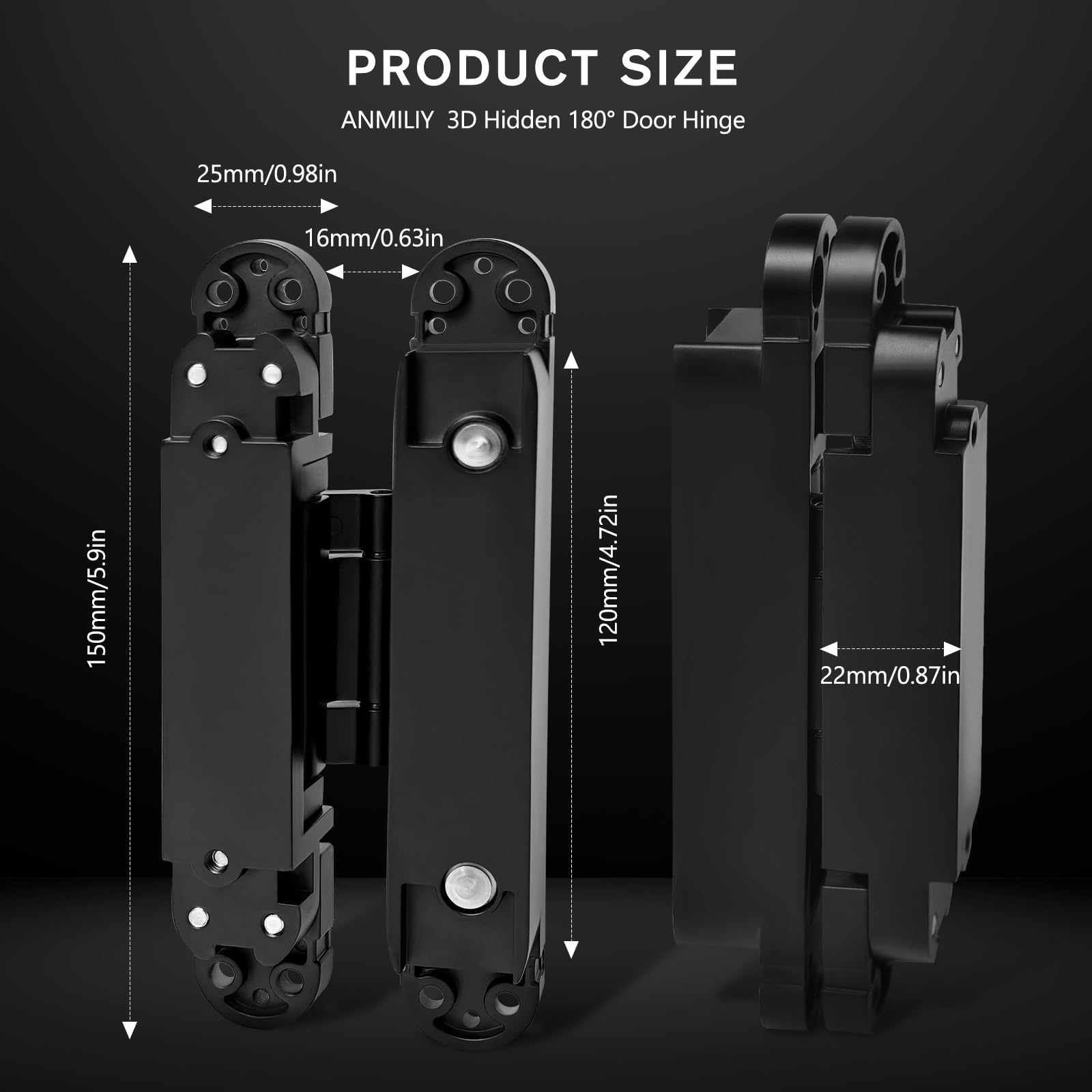 Bisagra de puerta oculta, bisagras de puerta invisibles de 6 pulgadas, bisagras invisibles ajustables 3D de 180 grados, capacidad de carga (negro, 6 x 2.5 x 1)