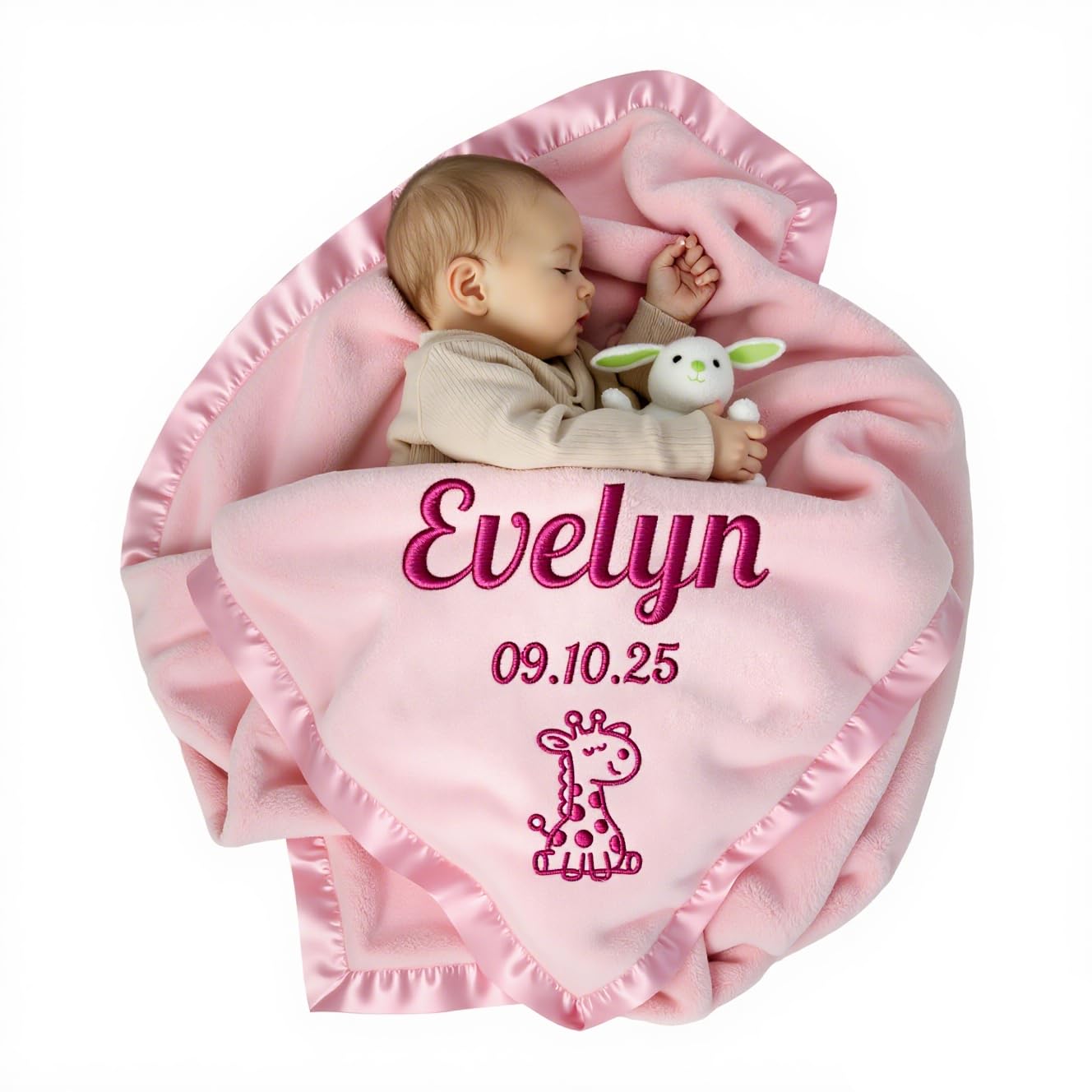 Stepdiy Personalised Baby Blanket for Girls, Custom Baby Blanket for Newborn, Personalized Baby Blankets with Name Animals Birth Info First Birthday (Pink)