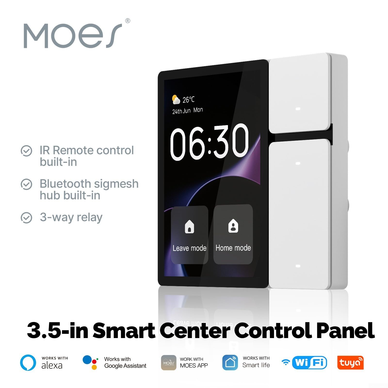 Smart Control Panel, für MOES 3,5 Zoll Bildschirm mit 3 Relais, 3 physischen Tasten, GFF Acitive Touch, integrierte Infrarot-Fernbedienung und einstellbare Glühwürmchen-Anzeige