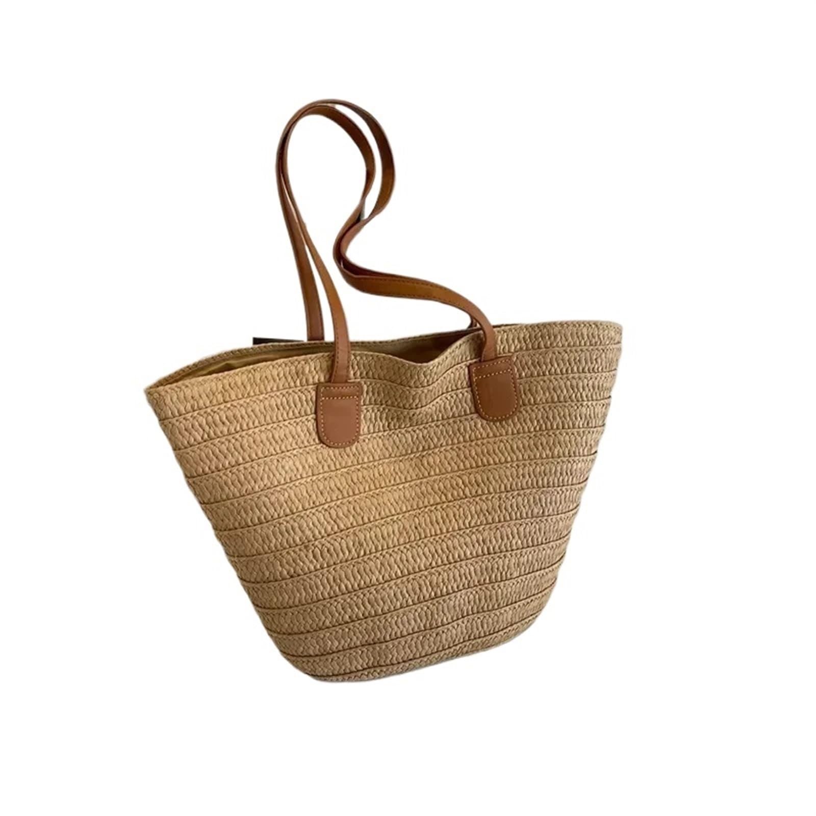 JCXIOC Beach Straw Bag Women Braided Basket Clutches Top-handle Bag Large Straw Portable Shoulder Bag Summer Beach Party Purses Shopper Satchel Female(Khaki)