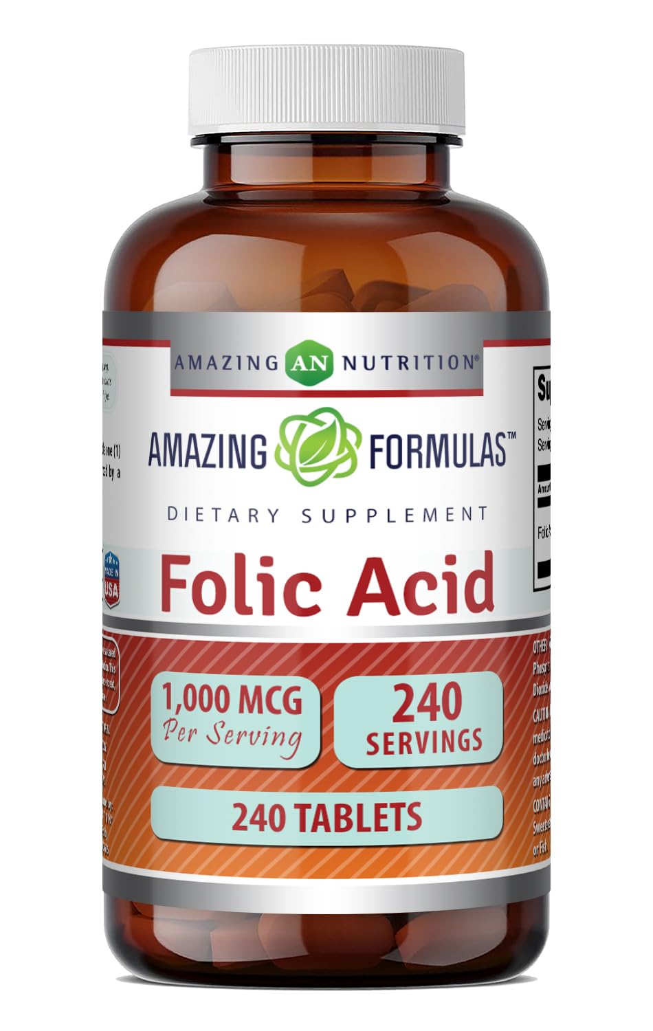 Amazing Formulas Folic Acid 1000 Mcg (1 Mg) | 240 Tablets Supplement | Vitamin B9 | Non-GMO | Gluten Free | Made in USA Unflavored - 240 Count