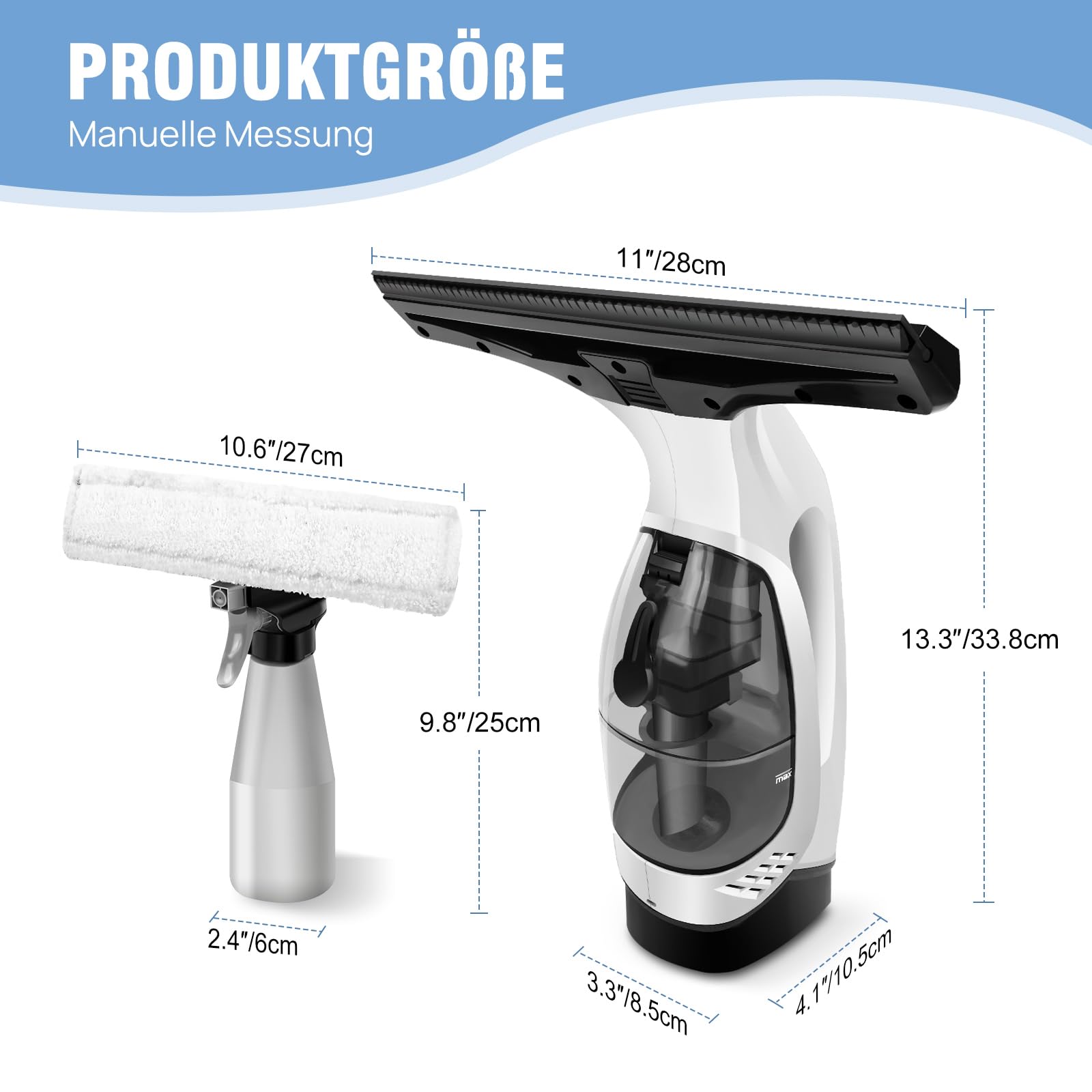 HSHa Aspirateur de fenêtre sans fil rechargeable, raclette de 28 cm et vaporisateur, 2000 Pa Aspirateur à main sans fil pour paroi de douche, miroir, raclette de douche électrique