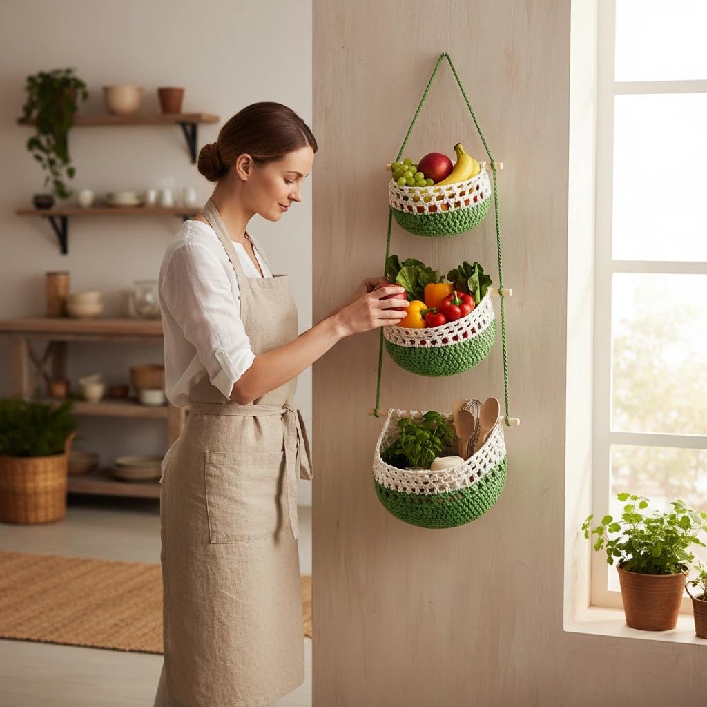3 Tier Wall Fruit Basket,Woven Cotton Hanging Fruit Basket for Kitchen, Living Bathroom Bedroom,BOHO Decor(Green)