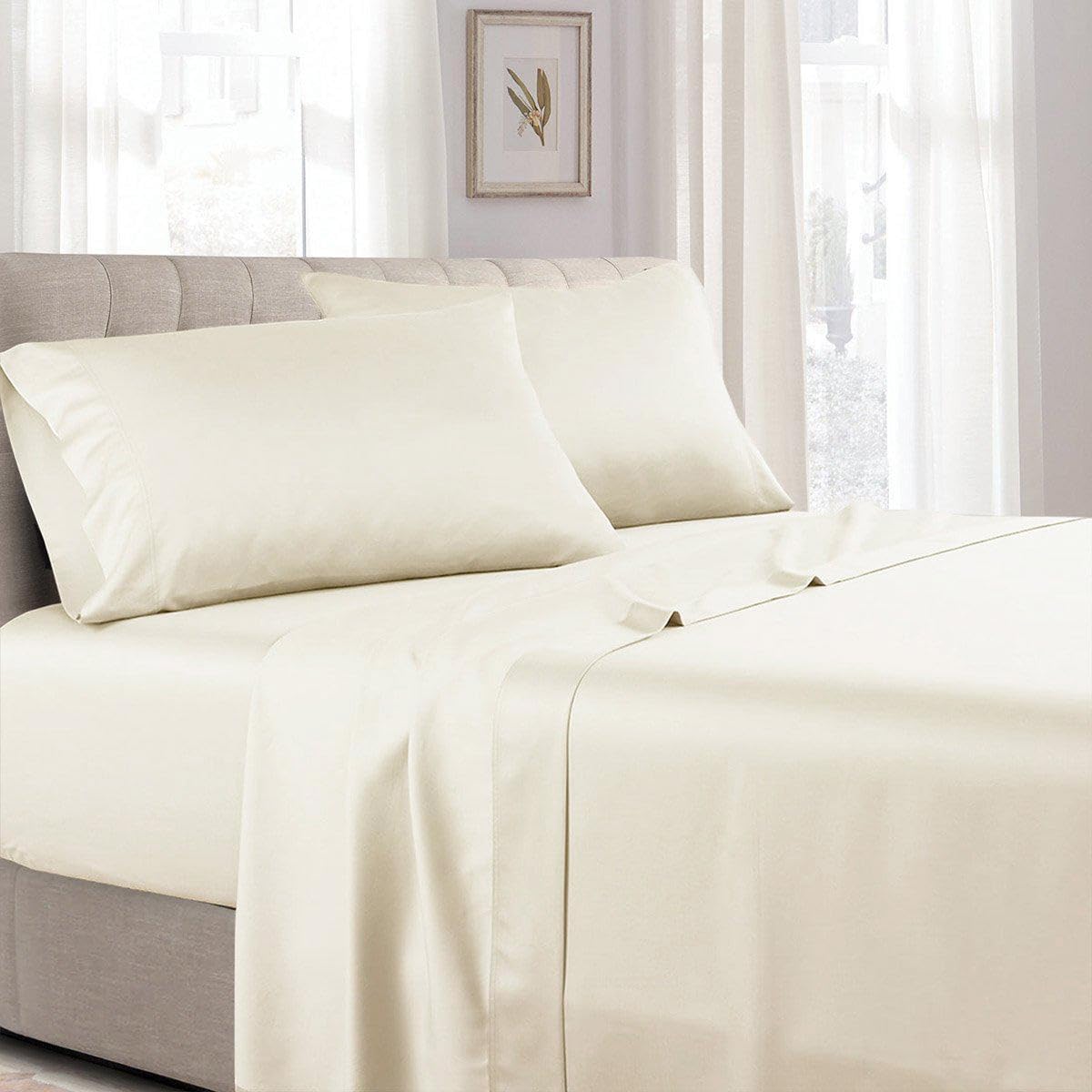 Royal Tradition Made in USA- Low Profile Cotton Sateen Sheets Set (7-10 Inches) Queen Size-Ivory, 4pc Bed Linens