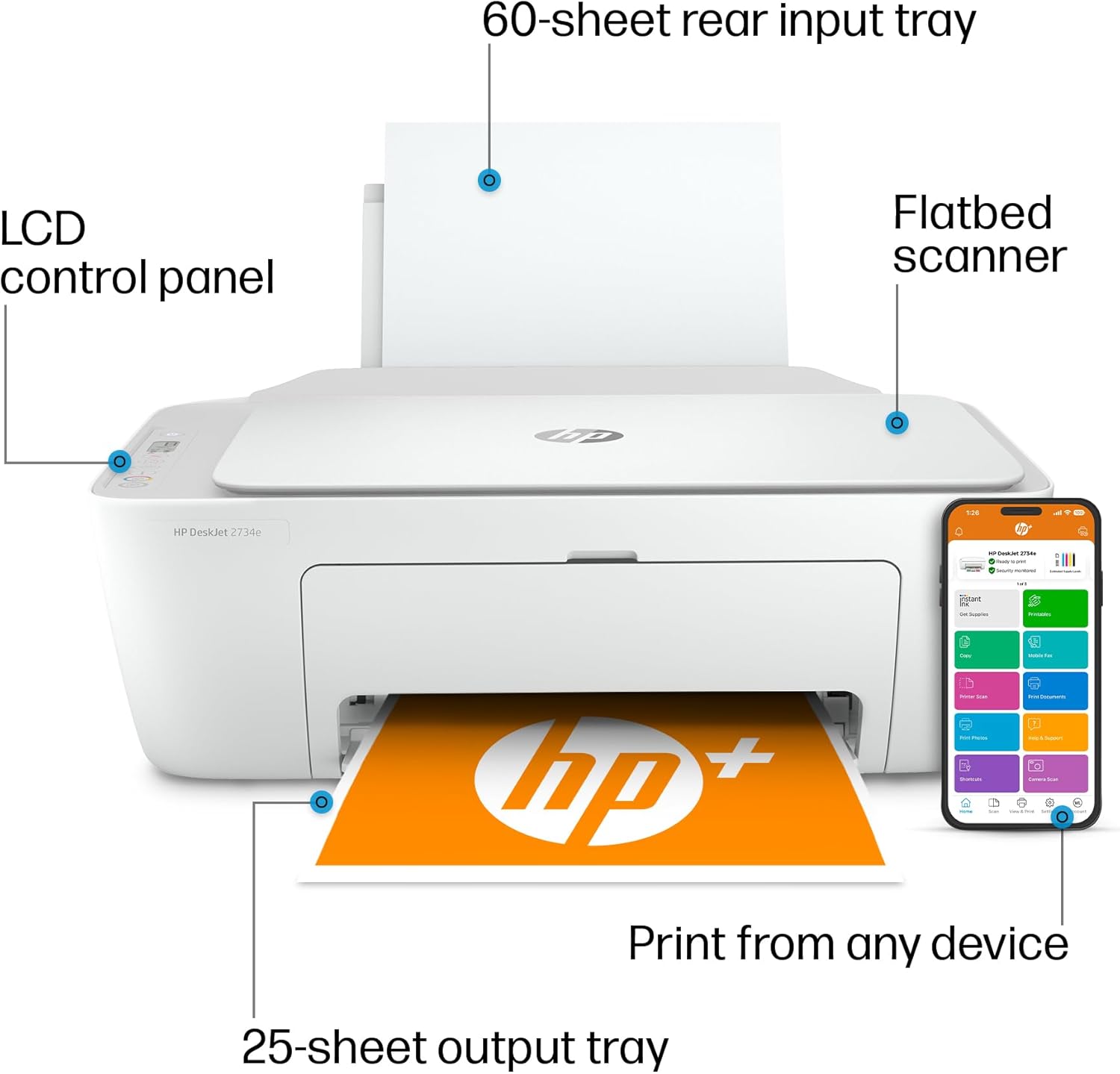 HP DeskJet 2734e printer with labels for LCD control panel, 60-sheet rear input tray, flatbed scanner, 25-sheet output tray, and print from any device feature
