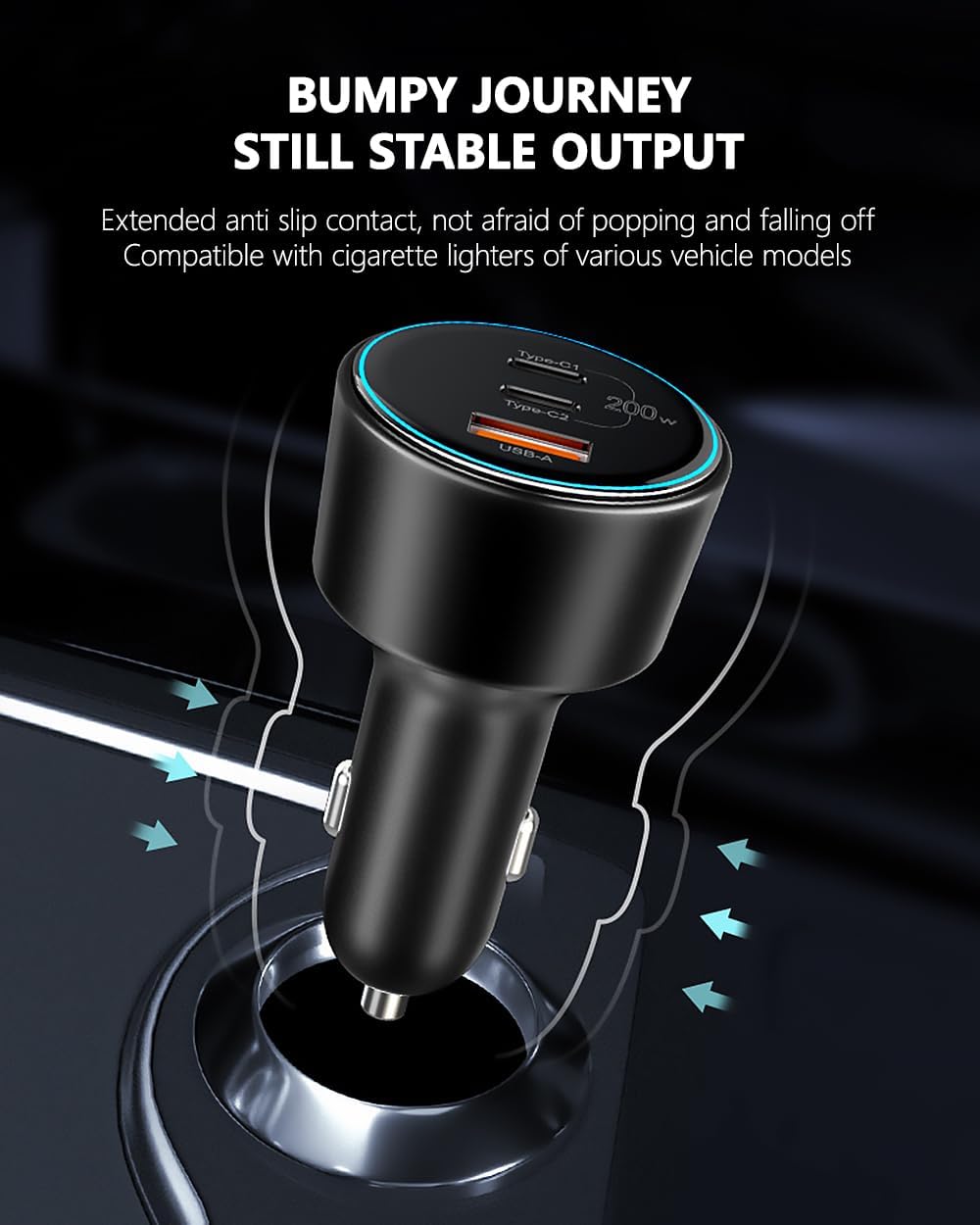 200W Car Charger, USB C Car Charger PD3.0 QC4.0 PPS Fast Charging Car Adapter with 2 100W USB C Cable 3 Port Type C Cigarette Lighter for Dell XPS, MacBook, iPhone 16 15 14, Galaxy S24 Ultra, iPad Pro