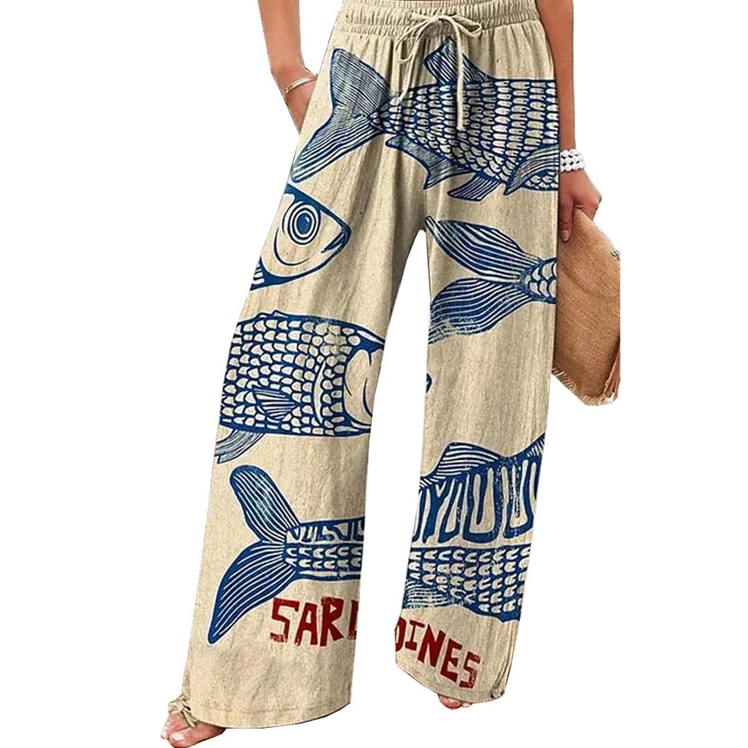 Womens Sardine Graphic Palazzo Pants Elastic Wide Leg High Waisted Baggy Boho Vacation Pants with Pocket