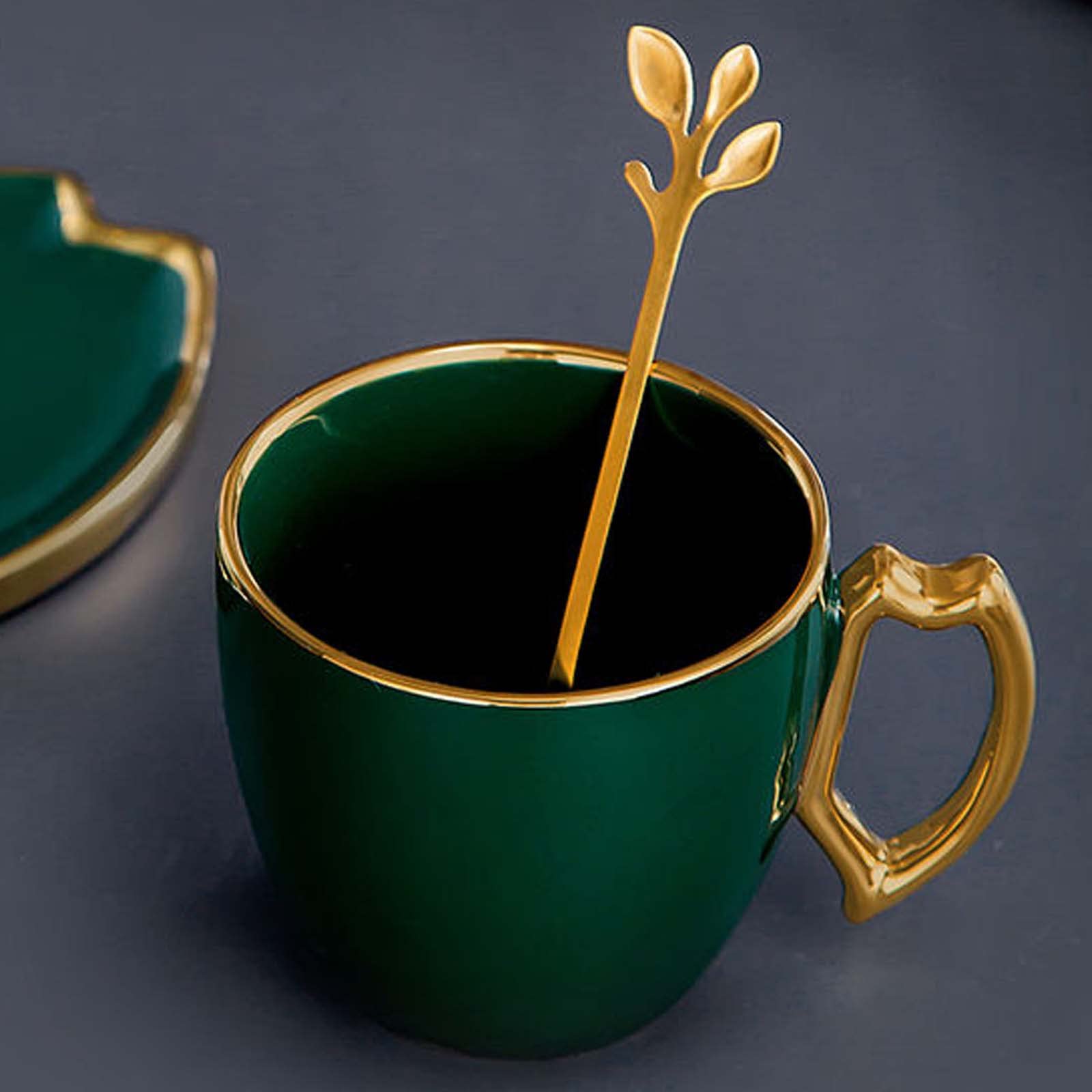 Ensemble de 2 tasses en porcelaine avec anse en forme de feuille, tasse à expresso avec soucoupes et cuillère – 165 ml/5,58 oz