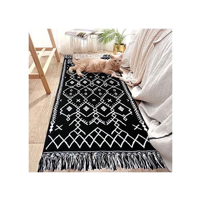 Upgraded Boho Bathroom Rug 2'x4.3', Boho Runner Rug Bohemian Black White Boho Bath Mat, 100