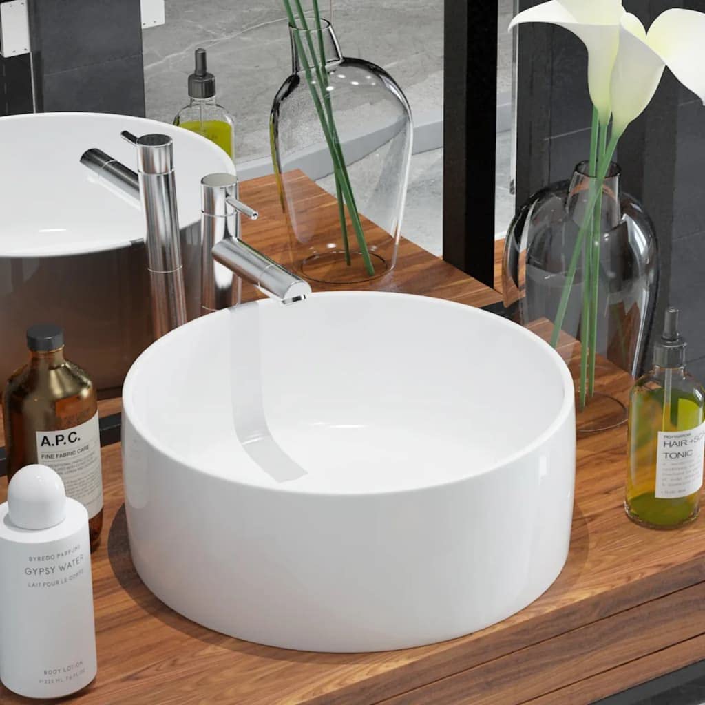 Lavabo redondo de cerámica blanco, 40 x 15 cm, moderno lavabo con superficie esmaltada, resistente y duradero, para baño, invitados, inodoro y espacios pequeños