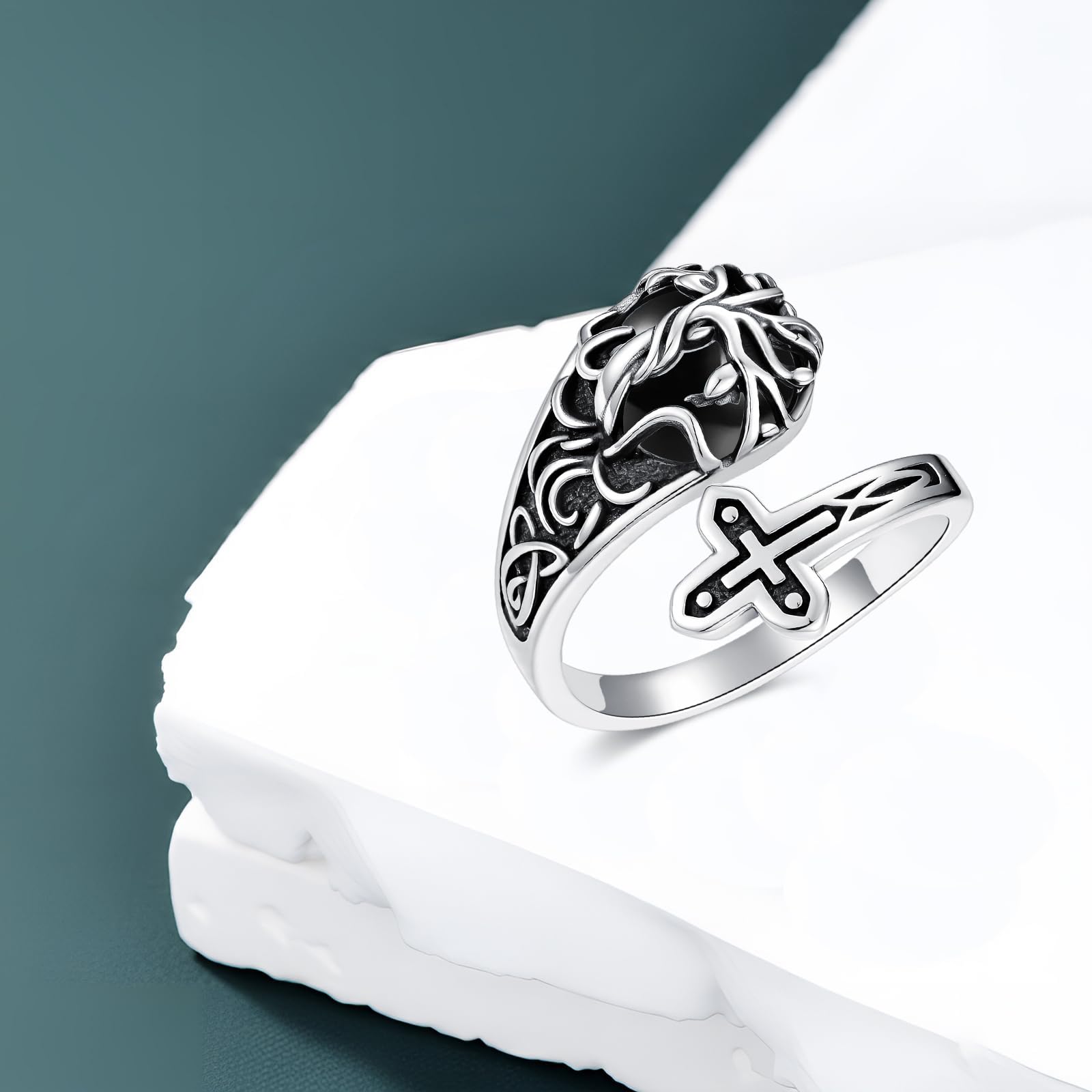 ROMANTICWORK Ring Verstellbar Daumenring Damen 925 Sterling Silber Lebensbaum Kreuz Verstellbare Ringe Opal/Türkis/Moosachat/Mondstein Ring Schmuck Geschenke für Damen