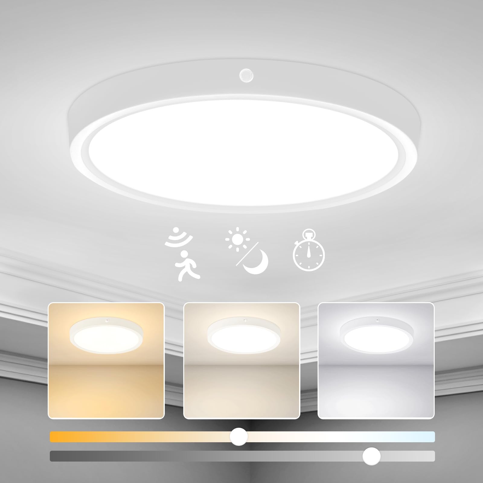 Yafido Plafón LED Techo con Sensor Movimiento18W 1800LM, 3000K-6000K Lámpara de Techo Moderna 22CM, IP44 Plafón Led Redonda para Cocina Balcón