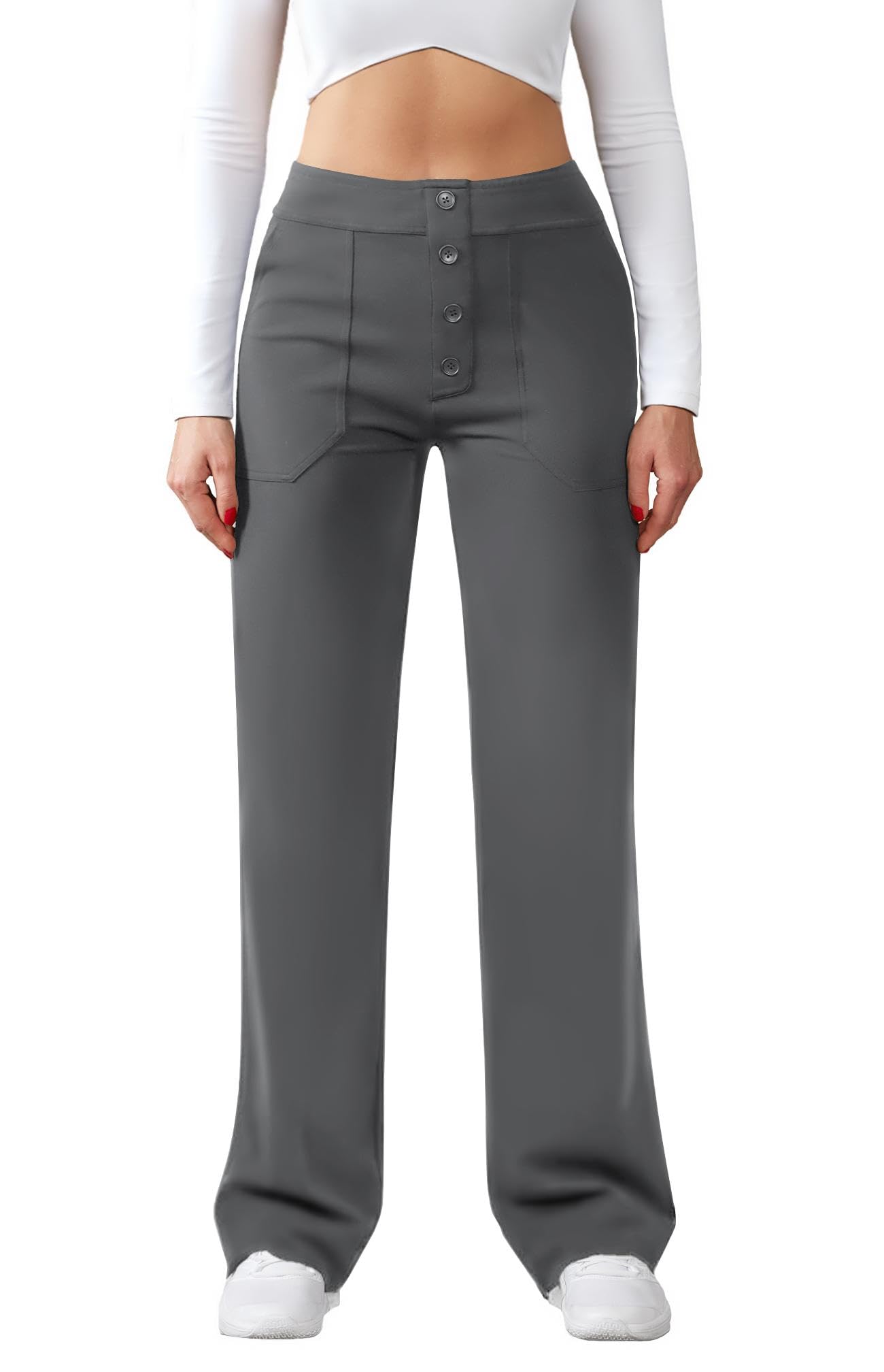 Friptspyg Hose Damen Hohe Taille Weite Hose Knopf Gerades Bein Hose Casual Arbeit Hose Stretch Yogahose mit Taschen