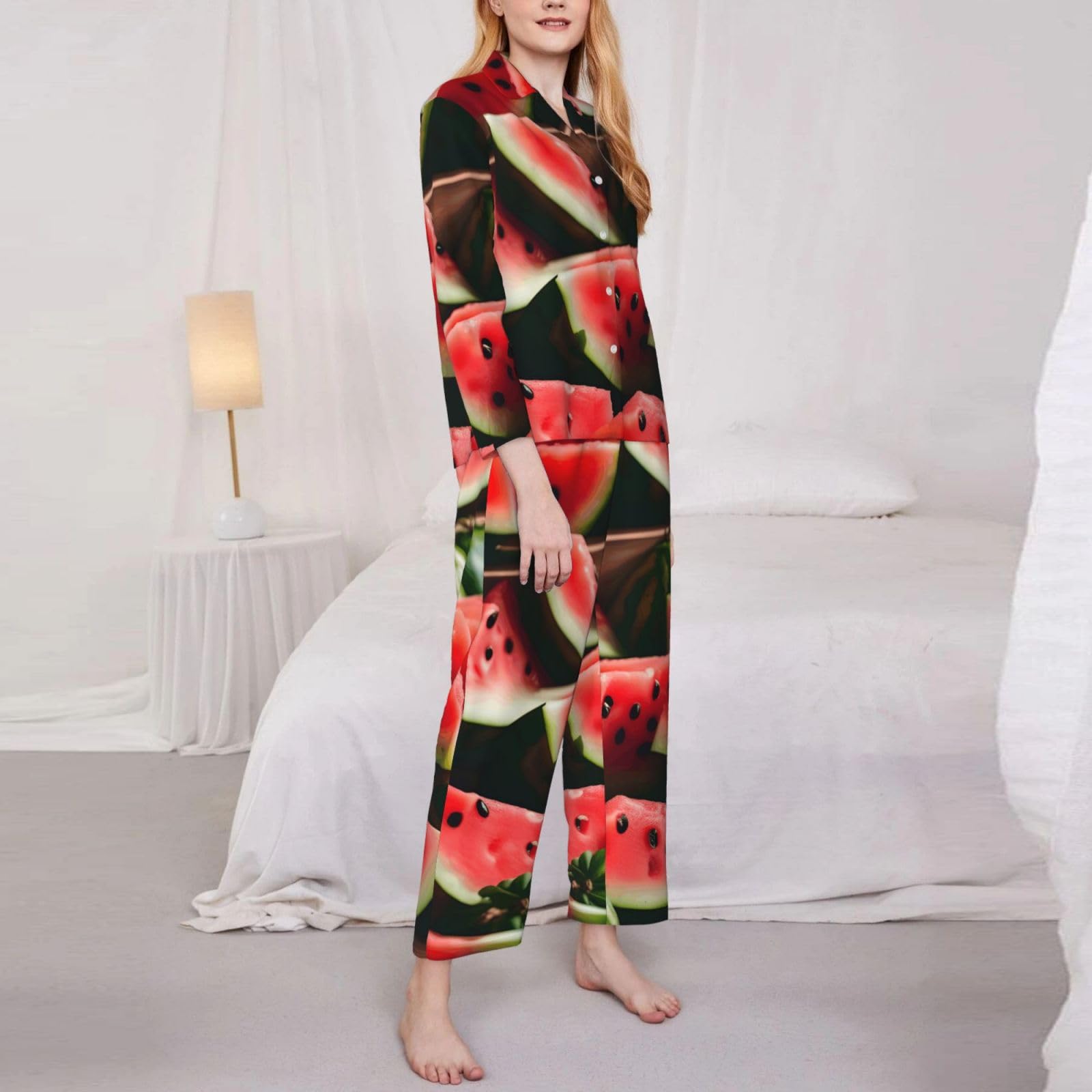 Anguria Frutta Fresco Stampa Delle Donne Manica Lunga Pigiama Set Lounge Sleepwear Accogliente Nightwear Loungewear Tutti i Giorni