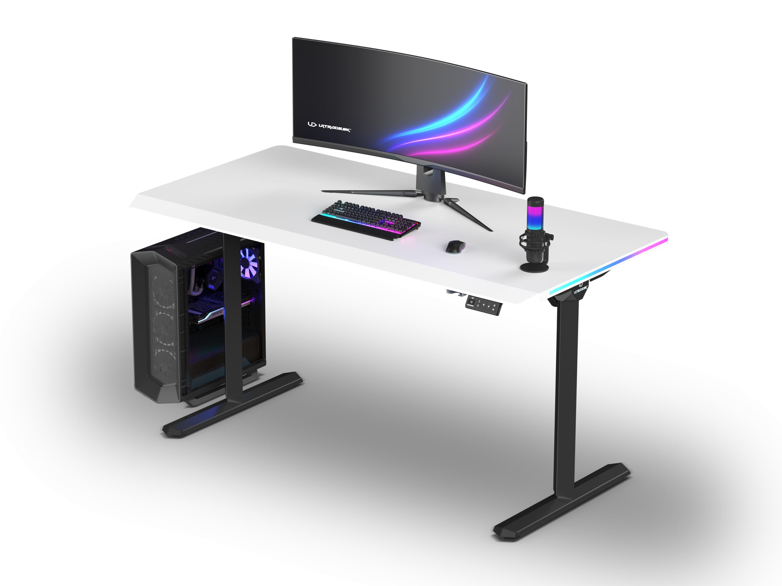 Ultradesk – Bureau Gaming Électrique avec Réglage Assis-Debout, LED RGB Prismatic, Meuble Bureau Idéal pour Gamer, Setup Gaming - Quest Black - L 140 cm, P 70 cm, H 72-120 cm - Blanc