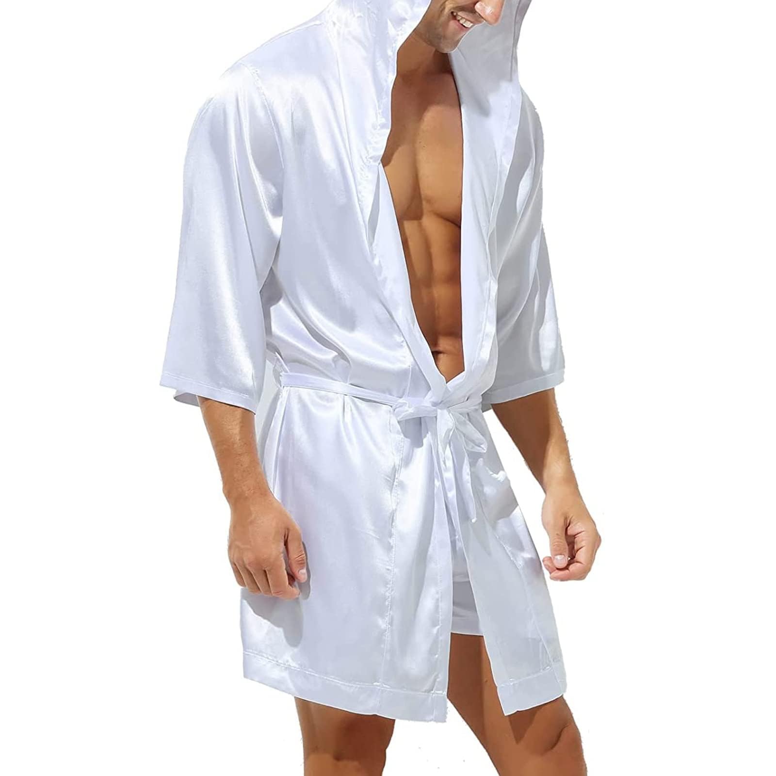Echovir Mens Satin Kimono Dressing Gowns Half Sleeve Hooded Bathrobe Loungewear Silk Robe Pajamas Set Lightweight Sleepwear (as8, alpha, x_l, regular, regular, White)