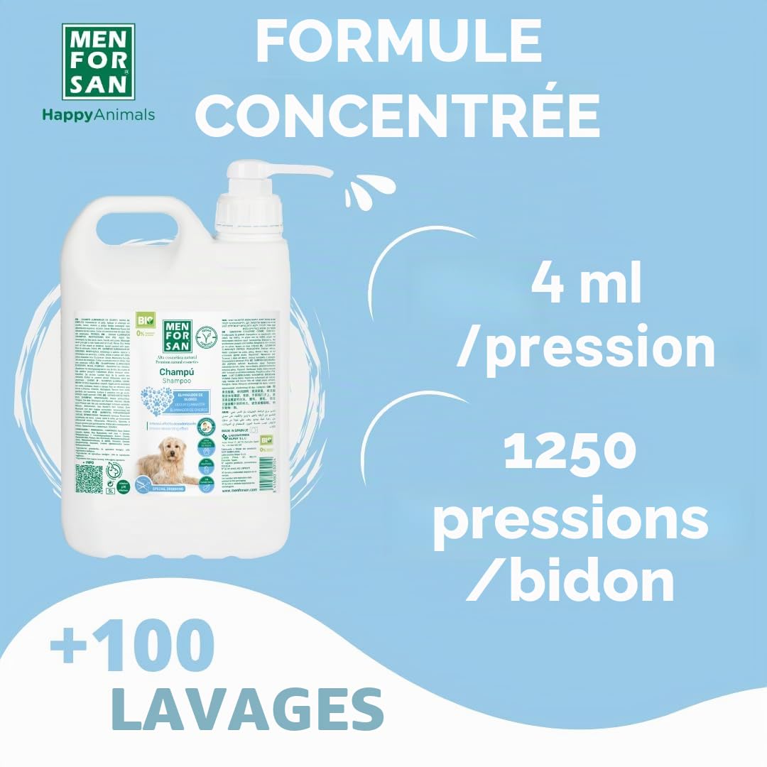 MENFORSAN Shampooing Éliminateur d'odeurs pour Chiens 5L, élimine Les Mauvaises Odeurs du Pelage, Odeur de Poudre de Talc