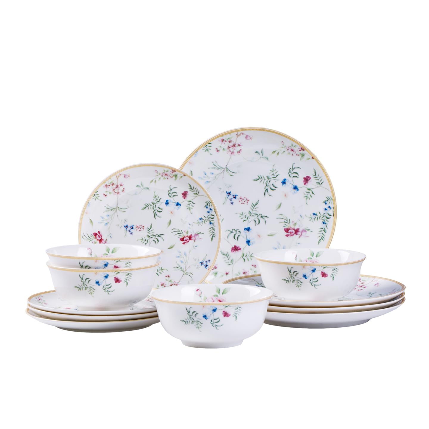 12 Piece Plates and Bowls Sets for 4, Floral Porcelain Dishes, Kitchen | 12 Piece Sets for 4, floral porcelain, microwave and dishwasher safe, chip resistant, stackable, everyday kitchen