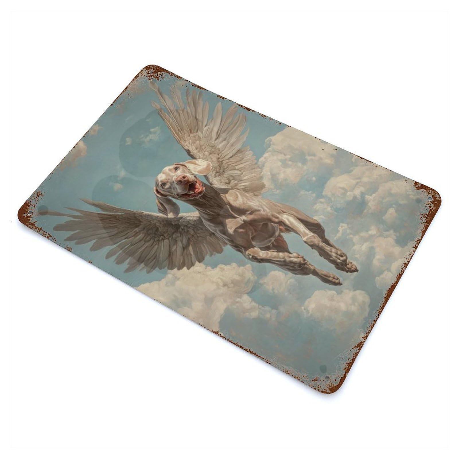 Weathered Tin Sign with Weimaraner Angel Pet Loss Remembrance Art Dog with Wings Design 11.8"x7.9", for Basement, Hobby Room And Garage Decor, Industrial Home Decor