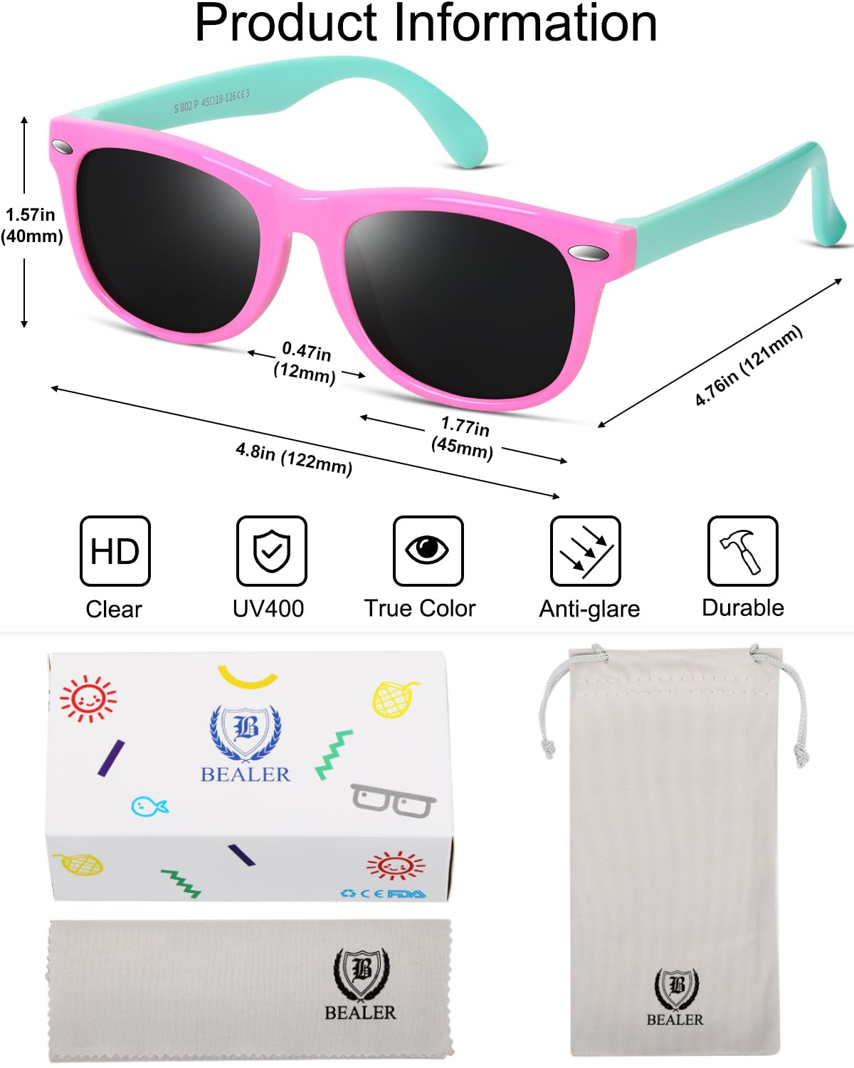 BEALER Gafas de sol polarizadas para niños y niñas, protección UV, goma flexible TPEE para niños de 3 a 9 años