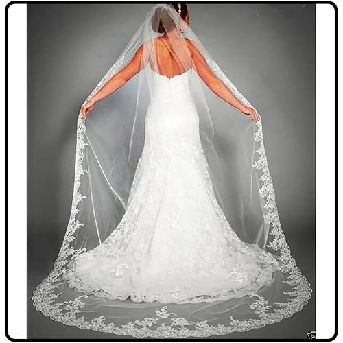 Ursumy Bride Wedding Lace Veils Long Cathedral Veil Soft Tulle Bridal Veils with Comb 118" (White)