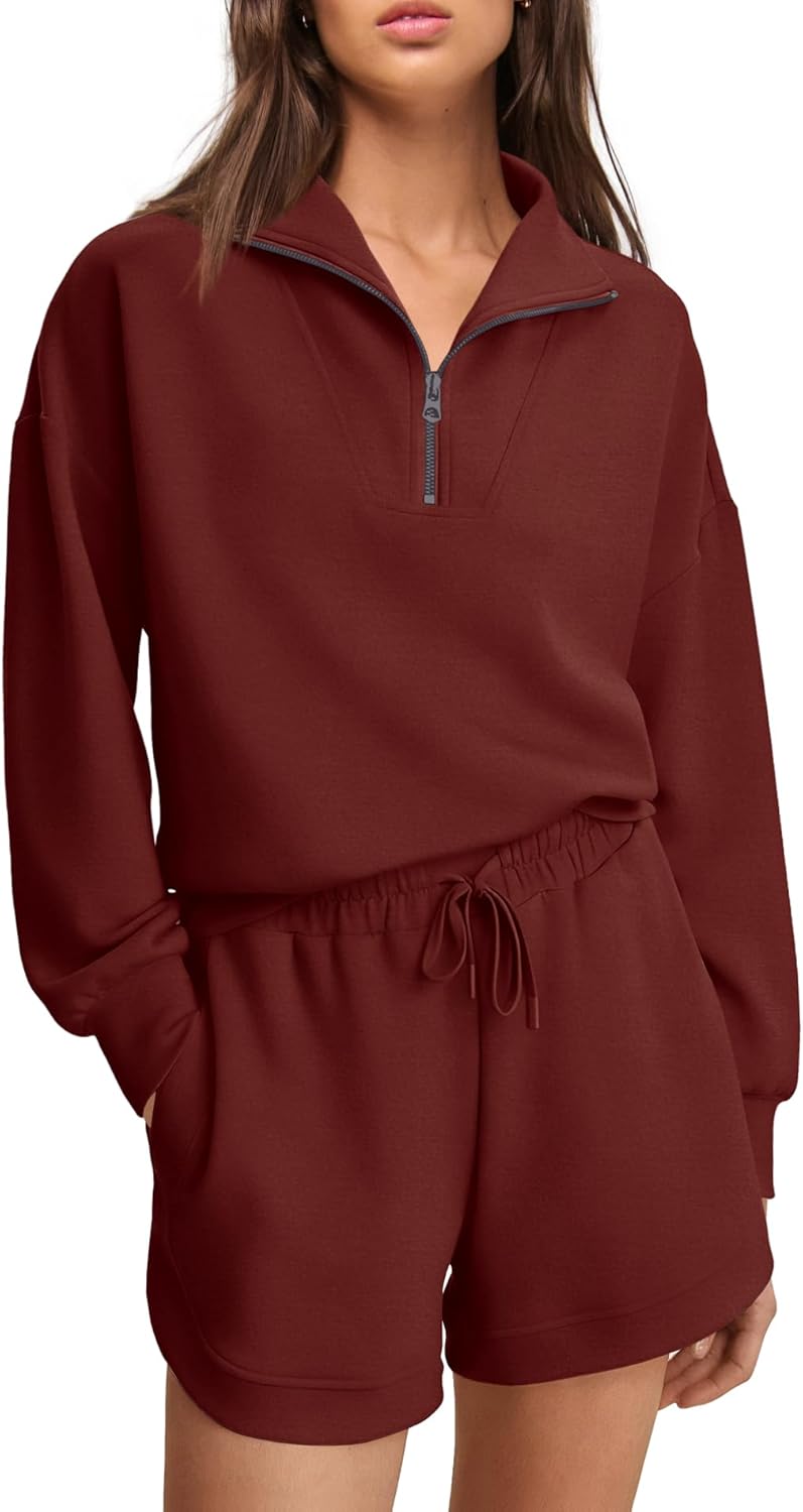 Nirovien Womens Sweat Suits 2 Piece Set Long Sleeve Quarter Zip Sweatshirt and Shorts Set Airport Travel Outfit with Pockets - Image 4