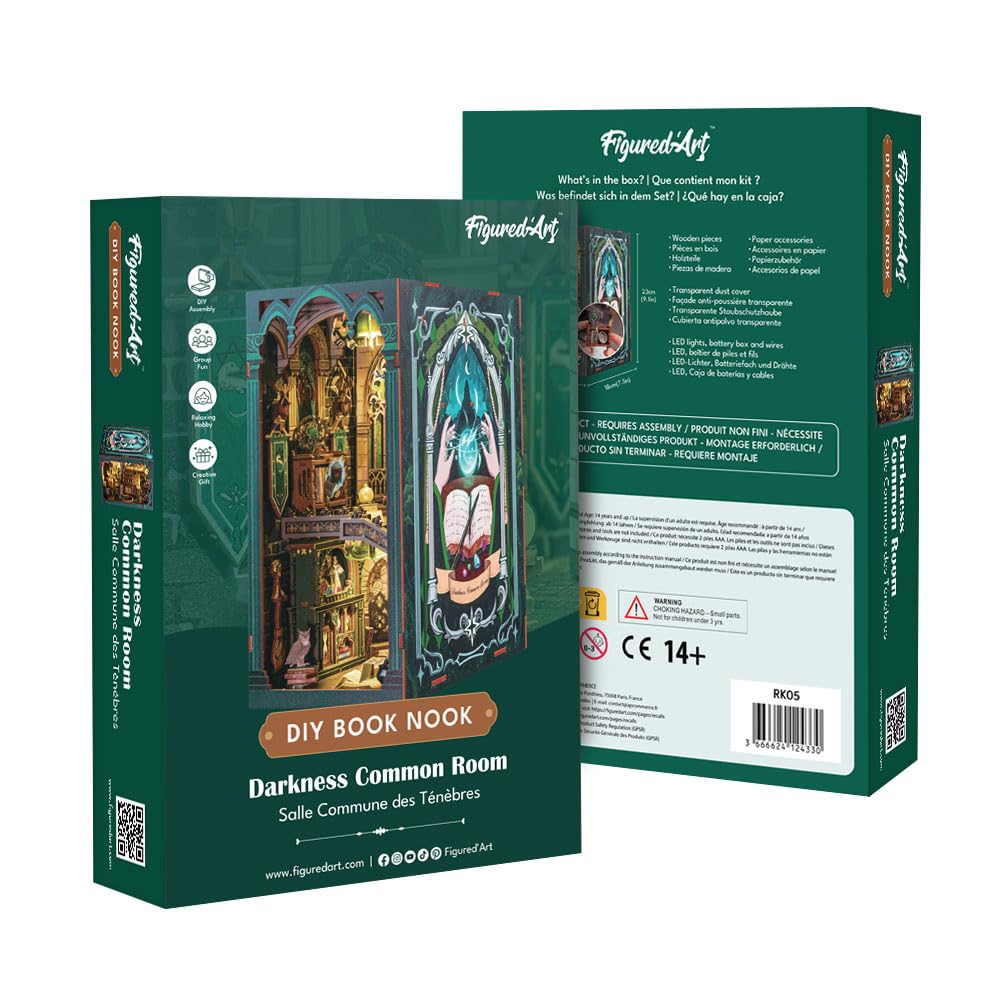 Figured'Art Book Nook Kit - Salle Commune des Ténèbres - Maquette à Construire avec Lumières LED - Diorama 3D DIY Serre-Livre pour Bibliothèque et Décoration Maison Monde Miniature - Marque Française