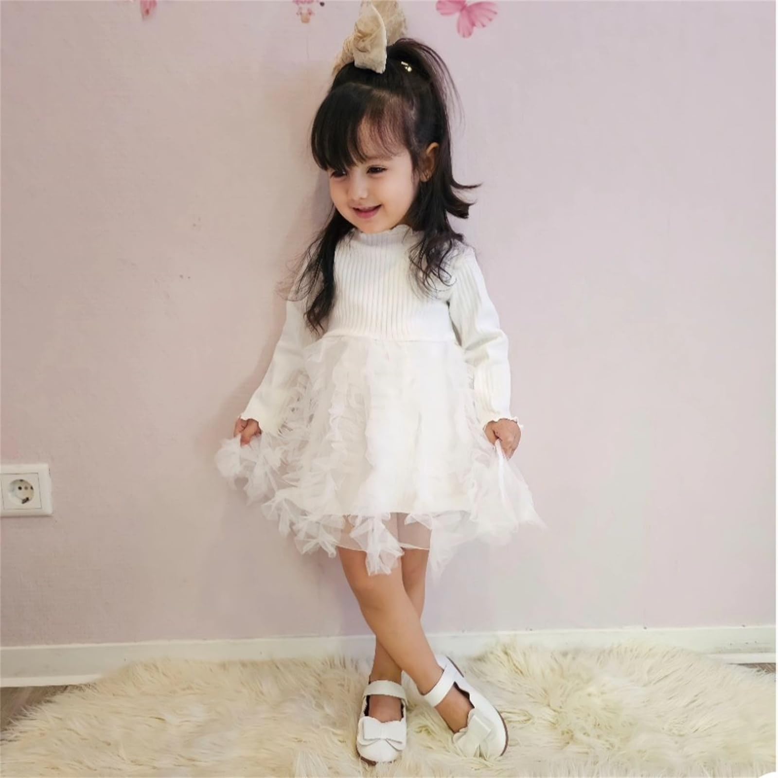 Miipat Baby Mädchen Kleid Langarm Tüll Mädchen Prinzessin Kleid Herbst Winter Kleinkind Strick Gerippte Pullover Kleider