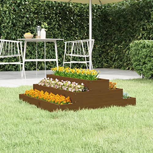 Macetero marrón miel 80 x 80 x 27 cm de madera de pino maciza, bancal alto con diseño de escaleras para jardín y terraza, robusta jardinera