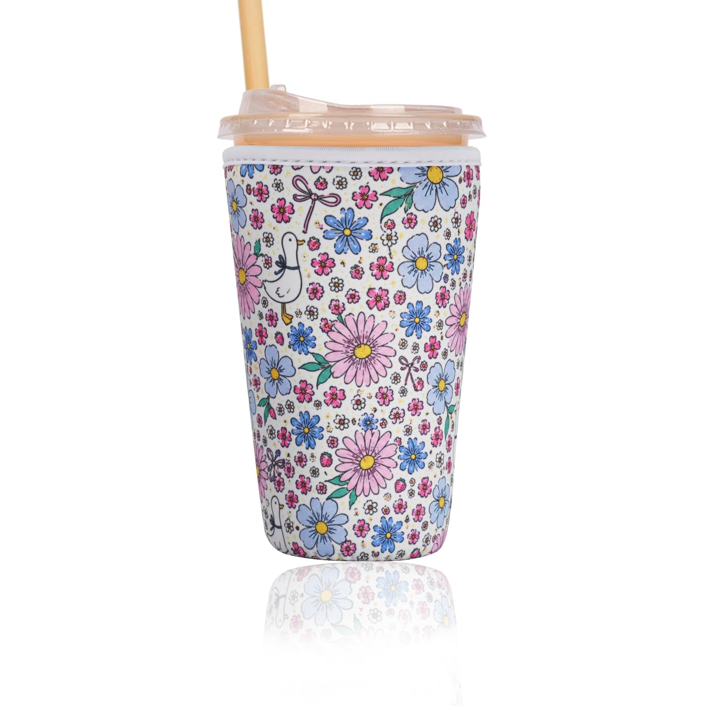 Reusable Insulated Sleeve for Iced Coffee Cup, Coffee Neoprene Sleeve for Cold &amp; Hot Drinks, Beverage Holder for Iced Coffee (Daisy Geese, Large: 32oz)