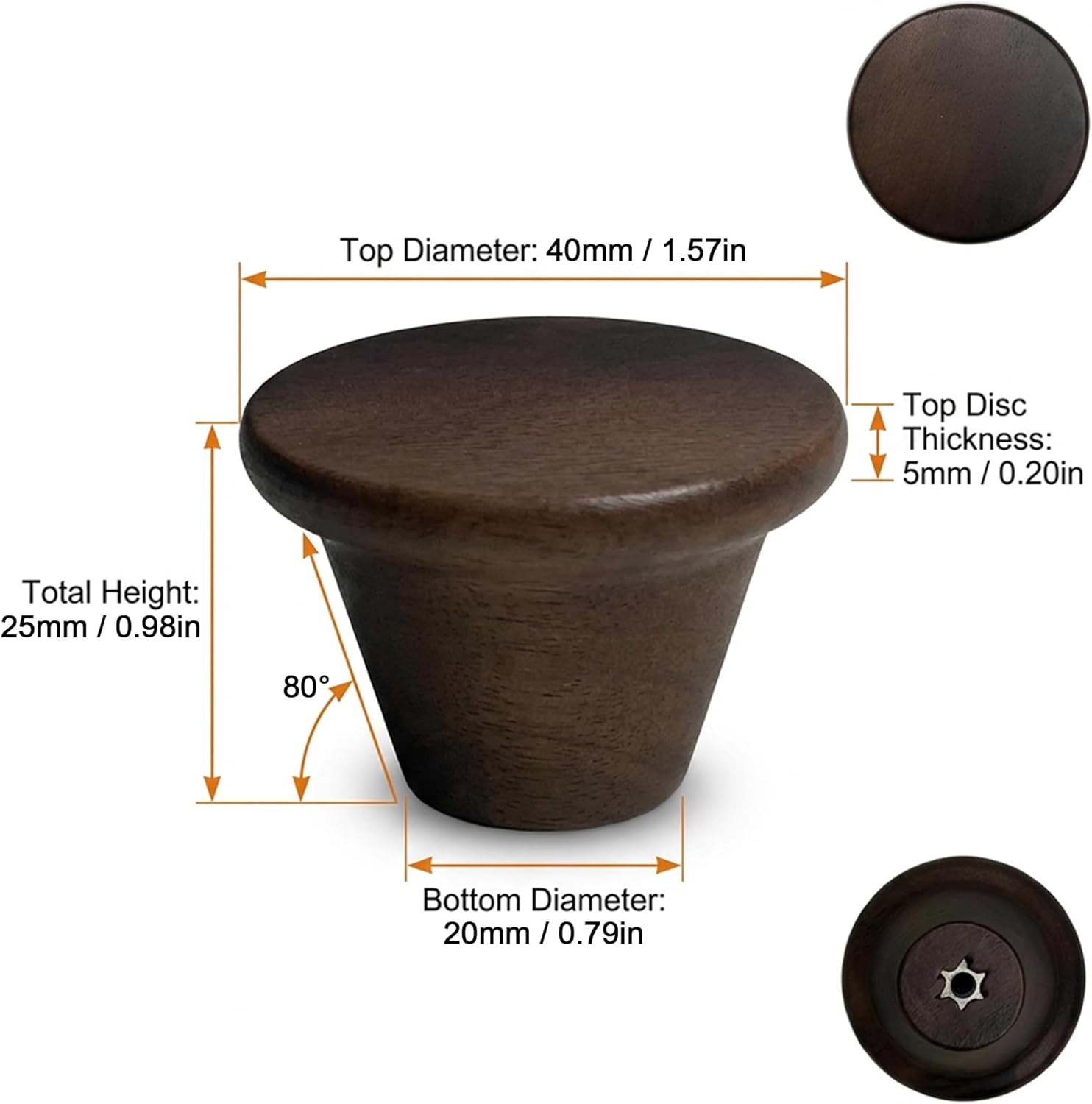 Mid Century Modern Walnut Mushroom Knobs for Cabinet,Drawer,Dresser and Closet Doors.Round Vintage Brown Wooden Crafts Furniture Knobs,Pulls and Handles (1.57'' Round Table Knobs, 6)