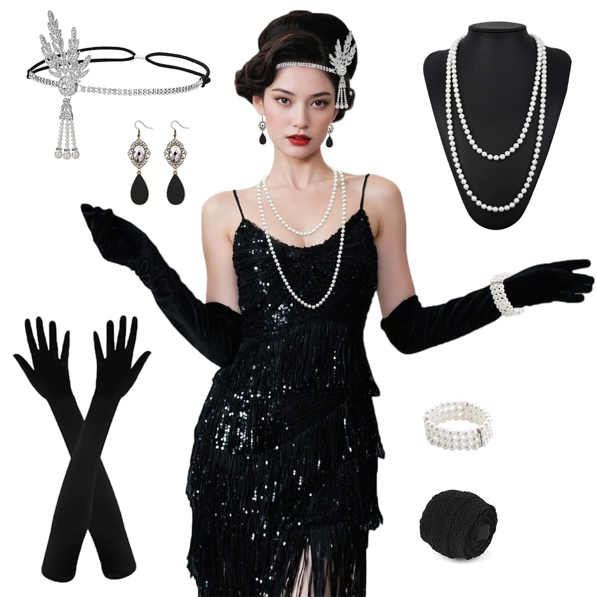 20er Jahre Kostüm Damen Set, 1920er Flapper Charleston Kleid mit Pailletten und Fransen, Gatsby Kleid Vintage Outfit Accessoires für Karneval, Halloween, Fasching & 20s Motto Party