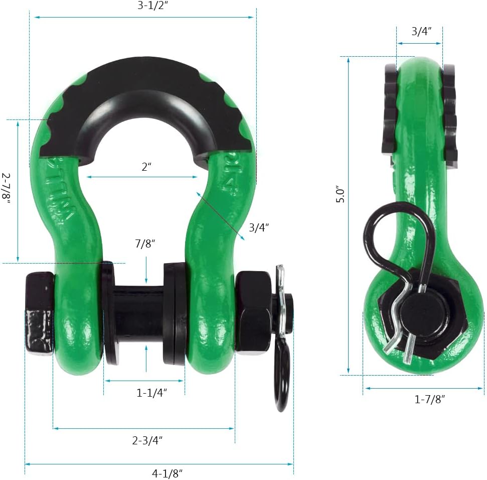 AMBULL Shackles 3/4 Inch D Ring Shackle (2 Pack) 45,000lb Break Strength with 7/8 Inch Pin, Isolator and Washer Kits for Use with Tow Strap, Winch, Off-Road Jeep Truck Vehicle Recovery, DarkGreen