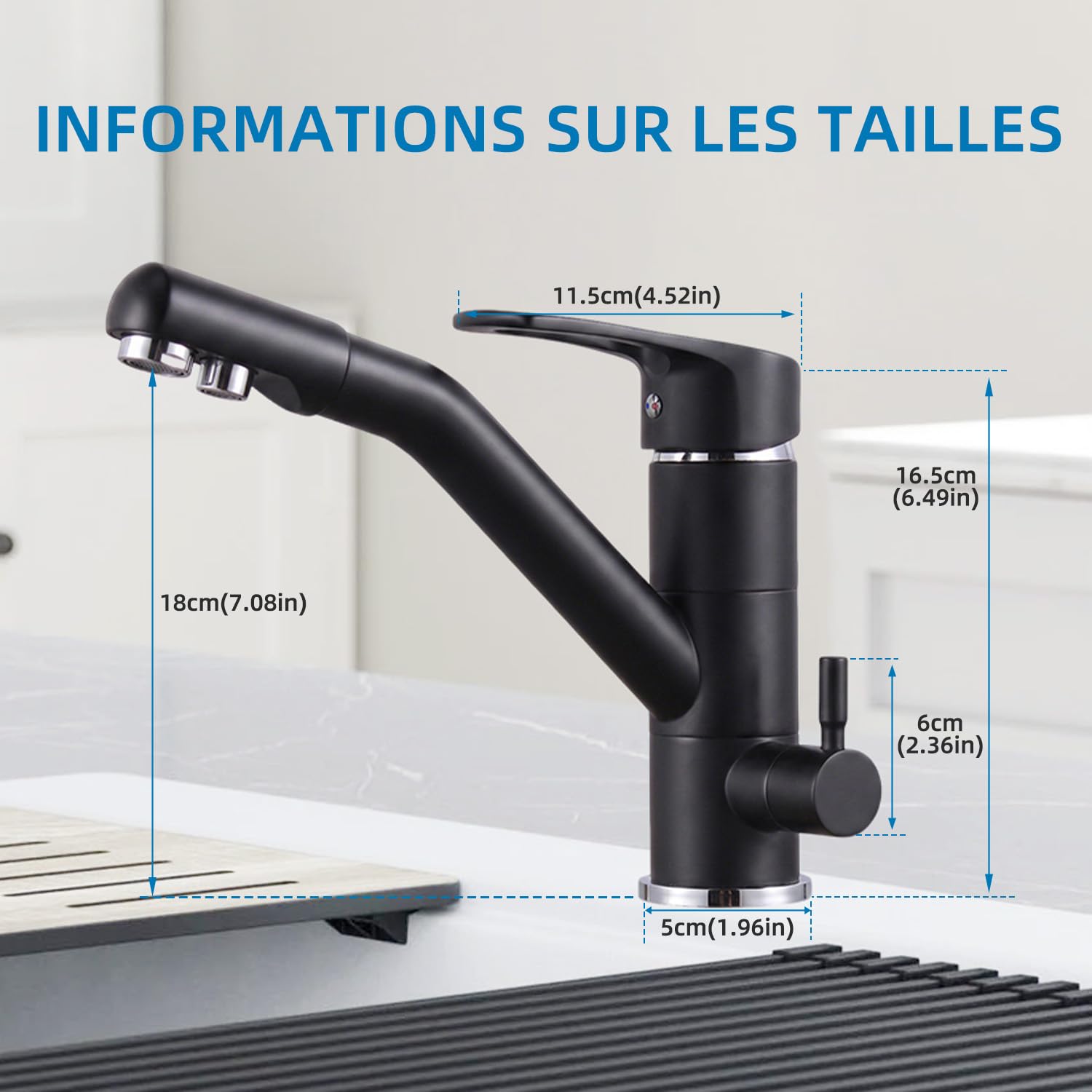 Robinet de Cuisine 3 Voies, Robinet de Cuisine Rotatif à 360°, Robinet d'évier avec Bec Flexible, G3/8 Pouces (Robinet à Triple Raccordement avec Filtre à Eau, Noir)