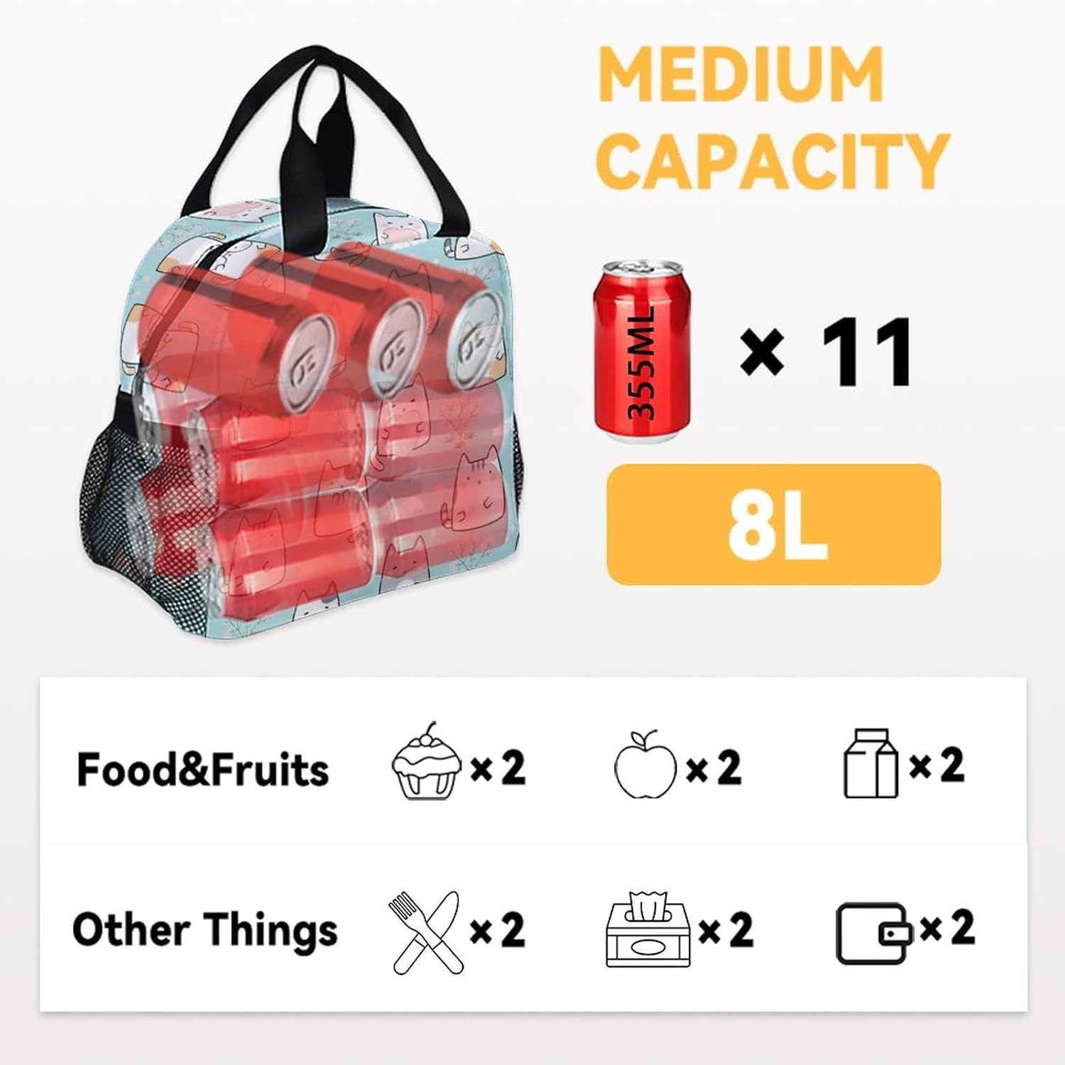 Cat Lunch Bag for Kids, Small Lunch Bags Insulated, Cute Reusable Lunchbox for Women, Light Freezable Lunchbags for School