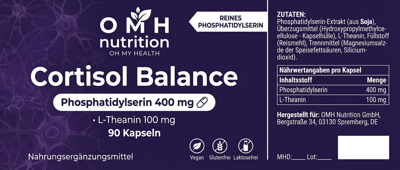 OMH Nutrition Balance Komplex Kapseln mit 400mg Phosphatidylserin + 100mg L-Theanin pro Tagesdosis – 90 Kapseln – Hochdosiert & Vegan – Premium Qualität